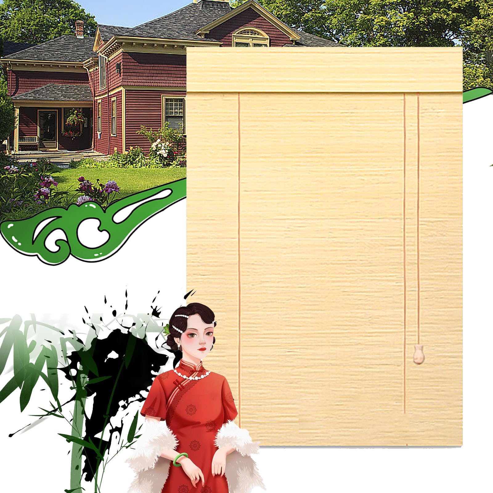 Retro Outdoor Bamboo Roller Blinds, Roll Up Shades for Patio, Porch & Indoor Window Privacy 5572in White