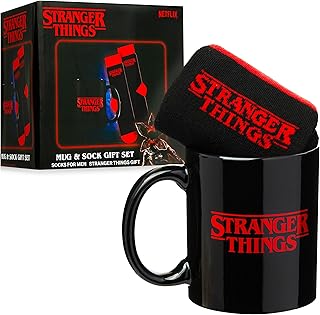Get Trend Stranger Things 11oz Mug and Socks Set, Novelty Valentines Day Gifts for Men, Women, Teens, Crew Socks with Ceramic Coffee Mug Microwave Safe (Red/Black Stranger Things)
