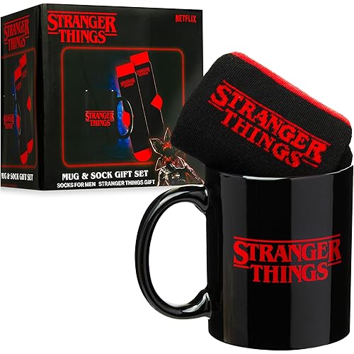 Get Trend Stranger Things 11oz Mug and Socks Set, Crew Socks with Ceramic Coffee Mug Microwave Safe, Novelty Gifts for Men, Women, Teens (Red/Black Stranger Things)