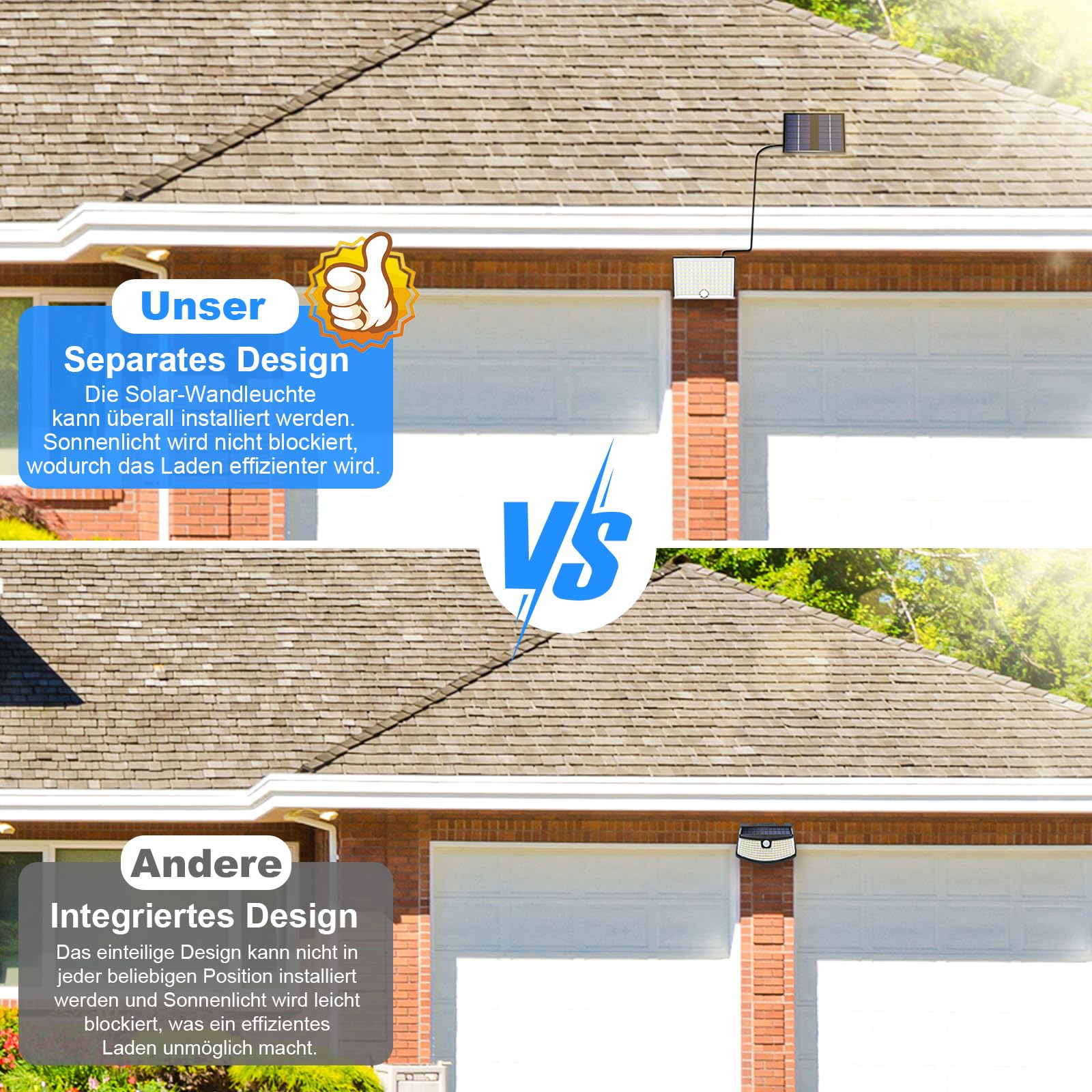 Lampada solare per esterni, lampada solare con sensore di movimento, 3000 K, IP65, impermeabile, con cavo da 5 m, per garage, giardino, cortile, gradini, porte di casa, prato, 2 pezzi