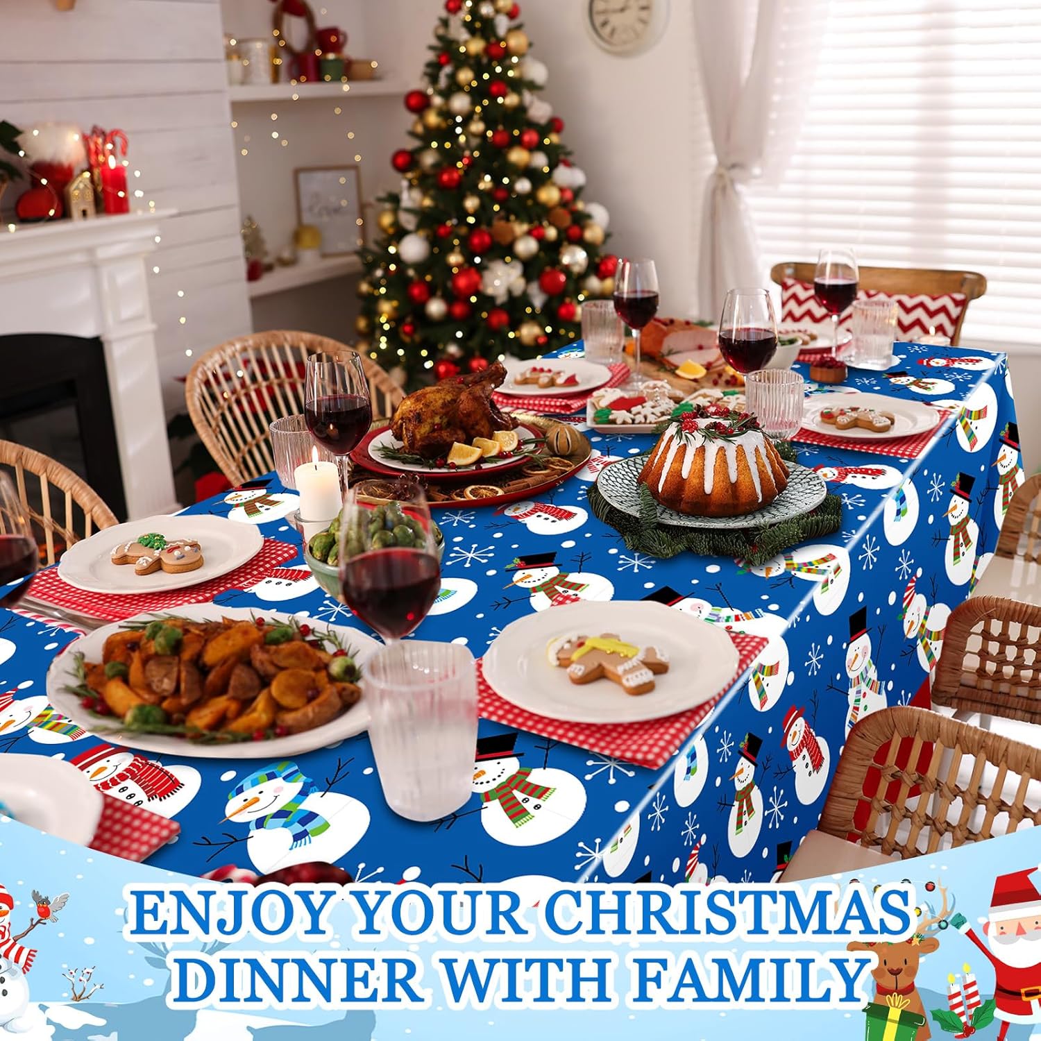 Oudain 3 Pcs 54×108 Inch Snowman Christmas Tablecloth Snowflake Theme Plastic Table Cover Merry Xmas Trees Cool Winter Birthday Rectangular Banner for Indoor Outdoor Carnival Party Decoration Supply