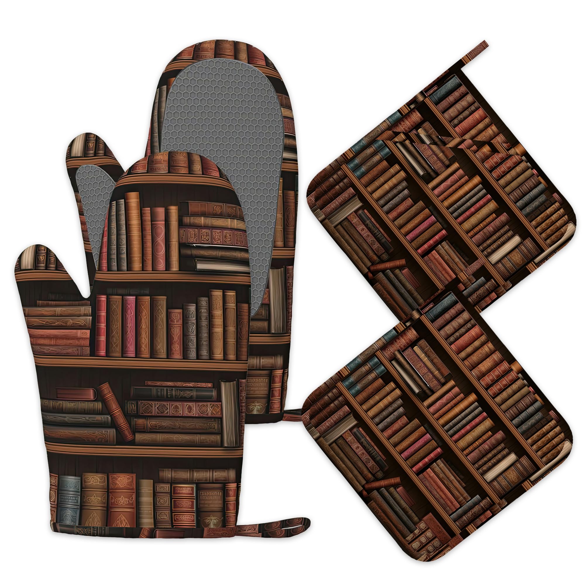 Ofenhandschuhe und Topflappen, Silikon, Küchenzubehör, Set mit 4 hitzebeständigen Handschuhen, Bücherregalen, Topflappen, rutschfester Griff für Koch, Kochen, Backen, Grillen, BBQ