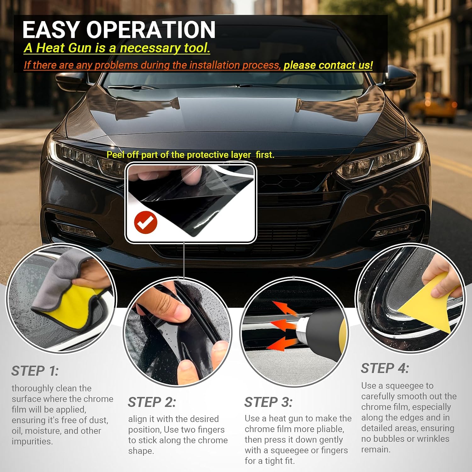 Front Bumper Chrome Delete Vinyl Wrap Overlay fit for 2018 2019 2020 Honda Accord Sedan Accessories with Blackout Film Gloss Black Kits