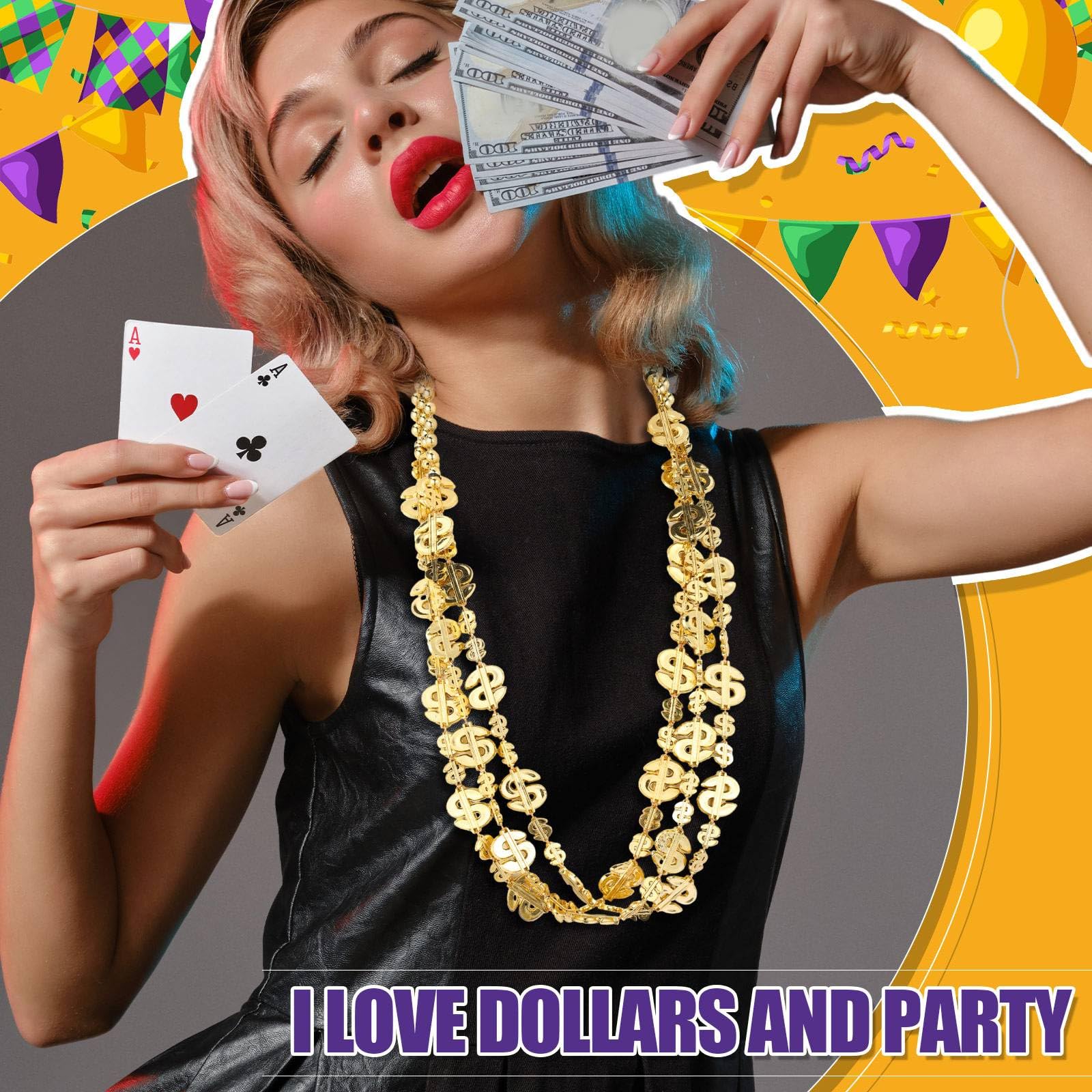Huquary Dollaro Segno Collane Falso Dollaro Catena Gioielli Mardi Gras Perline Bling su Collana Gangsta Hip Hop Casino Tema Carnevale Buchona Partito Parate