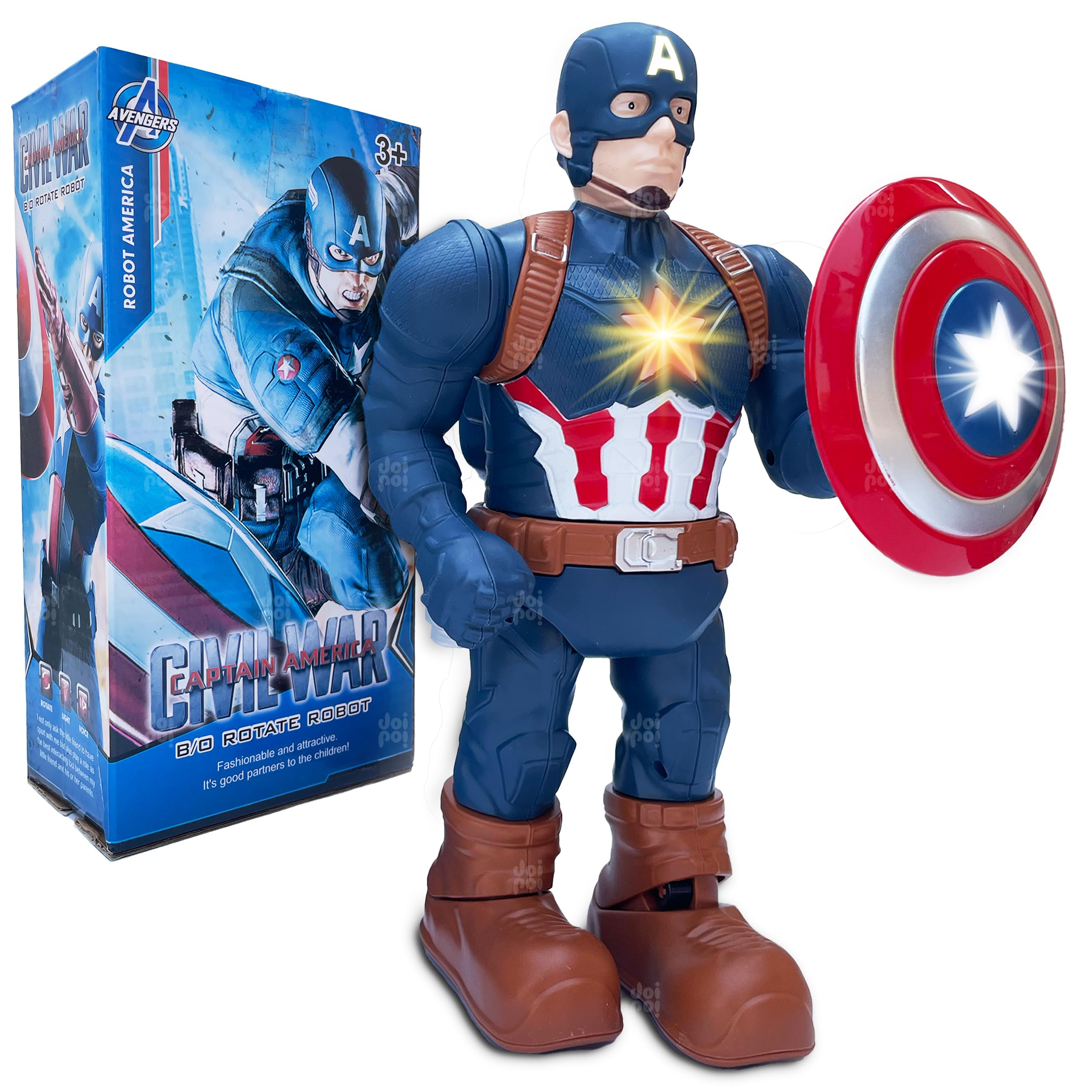 JOIPOI® Captain America Superhero Walking Toy with Shield (9.5 inch) | Music,Photo Projection,Led Lights, Flexible Joints | Best Gift for Kids (B0CTJQVT6Z) Amazon Price History, Amazon Price Tracker