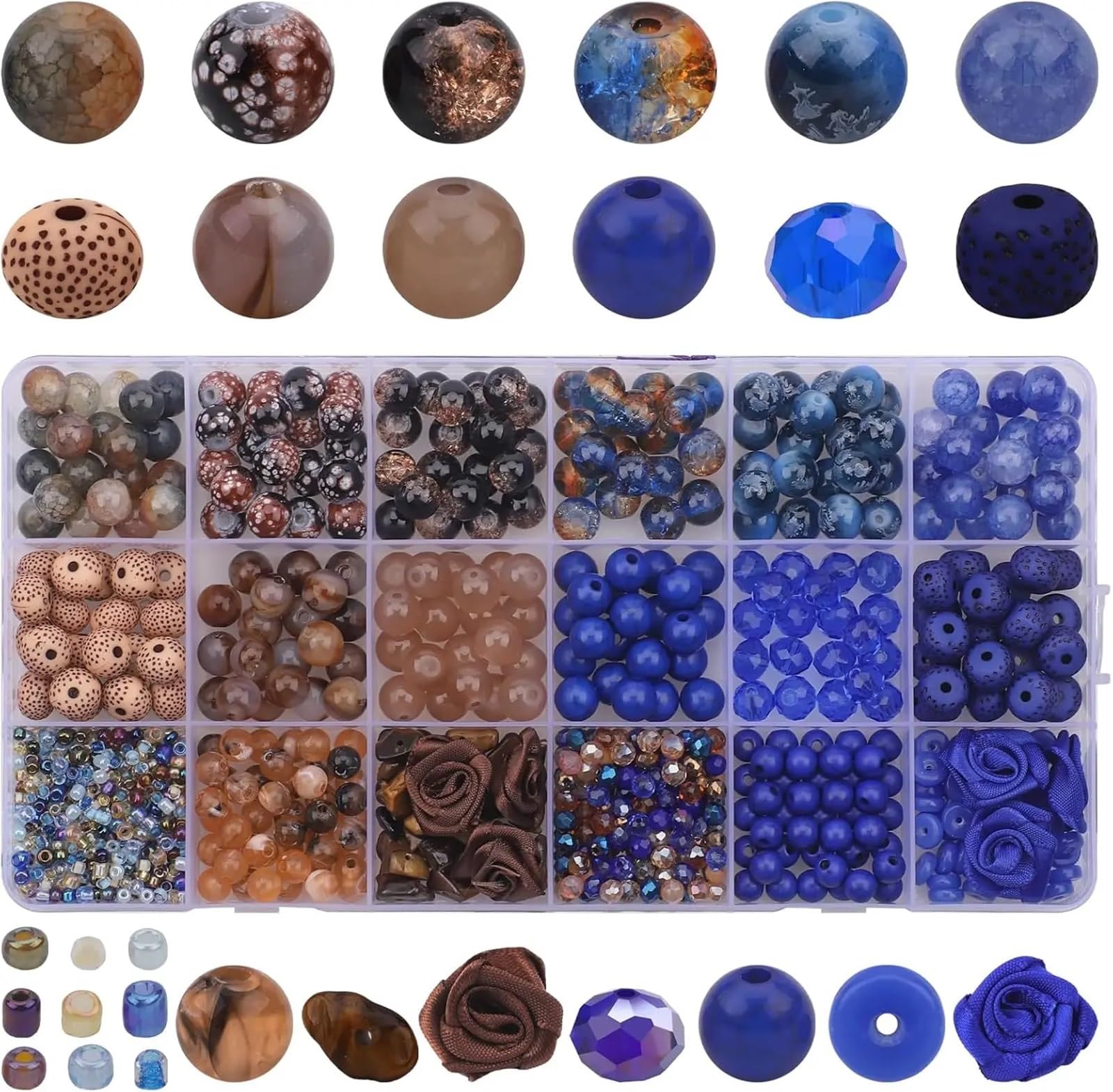 Bryske 2 Boxes Blue Brown Jewelry Beads Kit for Bracelet Making Friendship Round Resin Spacer Beading Supplies
