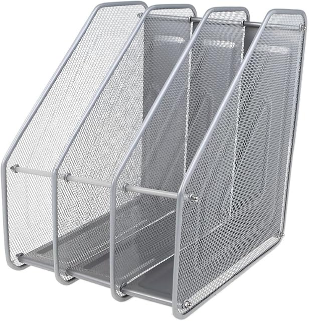 SLEEC Mesh Triple Magazine Rack Desk File Organiser Magazine Holder Triple Rack Magazine & Newspaper Holder Desk File Rack Filling Rack Silver Mesh 3 Tier File Organiser Metal 3 Compartments