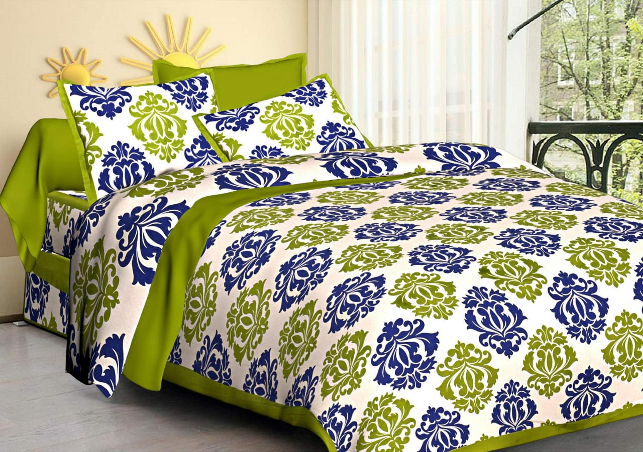 Drap de lit en coton imprimé Jaipuri vert 84x90 pouces avec 2 taies d'oreiller