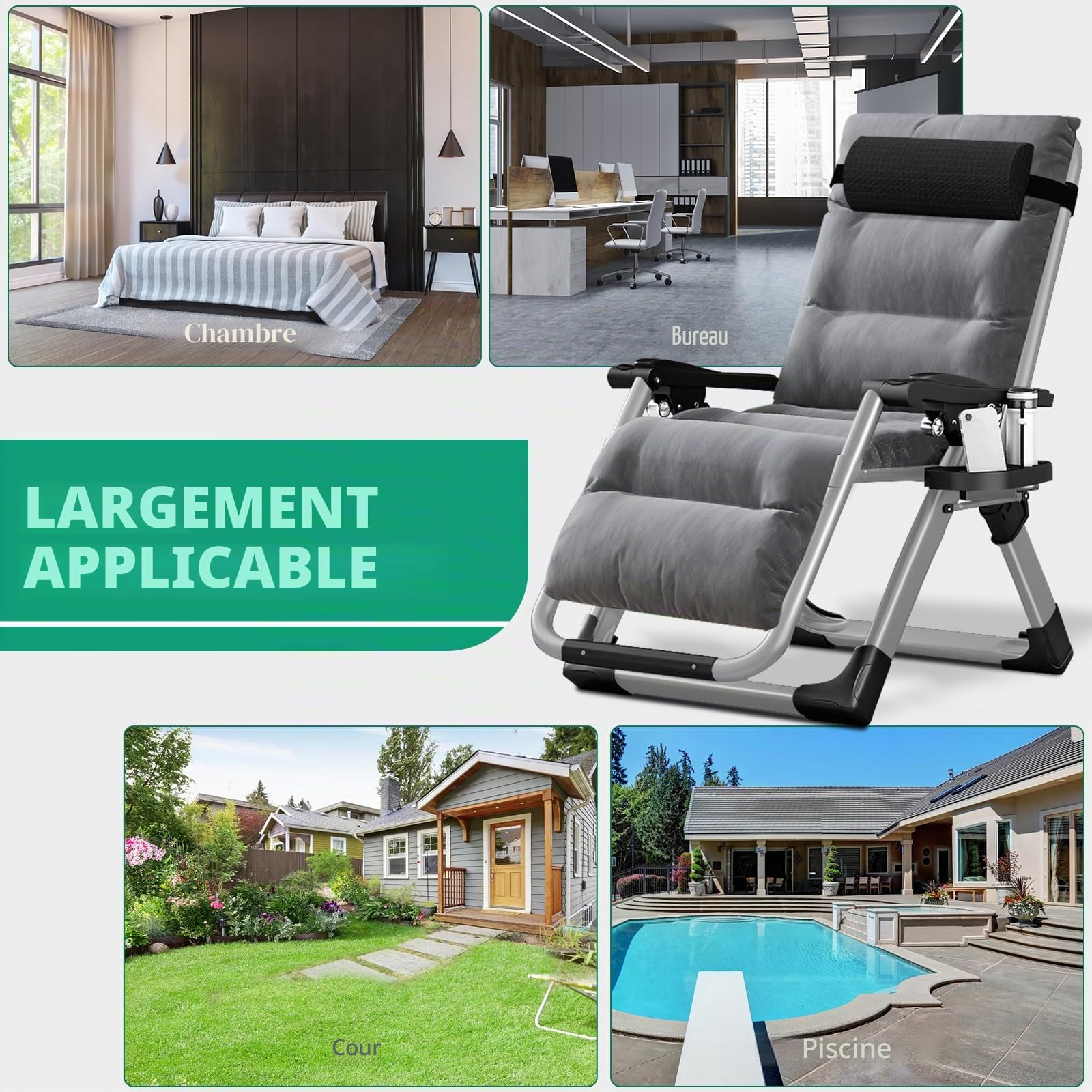 Chaise longue pliable pour le soleil, chaise de terrasse, avec capacité de charge de 200 kg, chaise à gravité zéro avec support de coussin, porte-gobelets, chaise longue de jardin extra-large