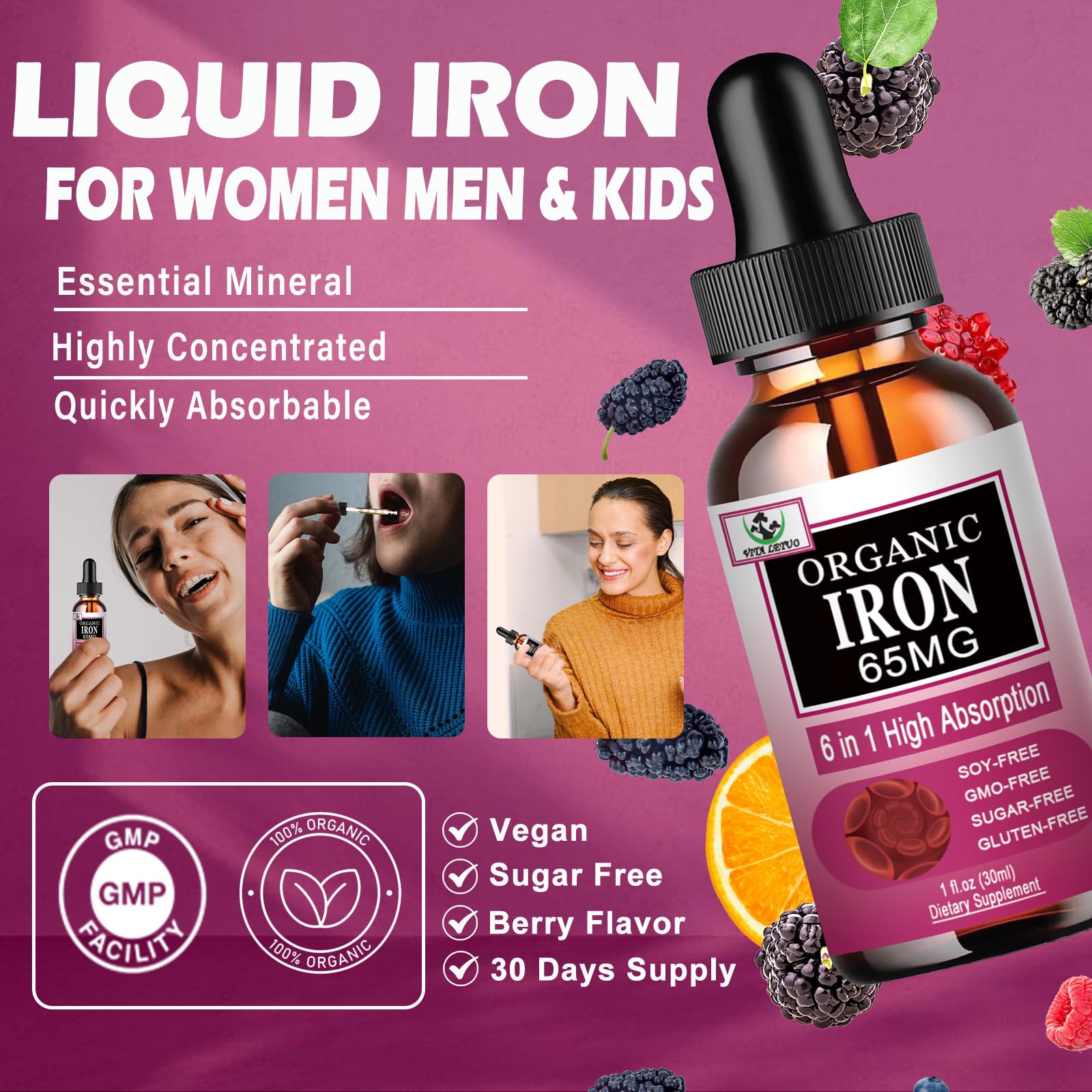 Vita letuo Iron Supplement for Women with Vitamin C,6-in-1 Liquid Supplement w/Vitamin B12,Vitamin B6,High Absorption Liquid Iron Drops for Red Blood Cells & Immune Support,Non-GMO, Gluten Free — Amazon image 2