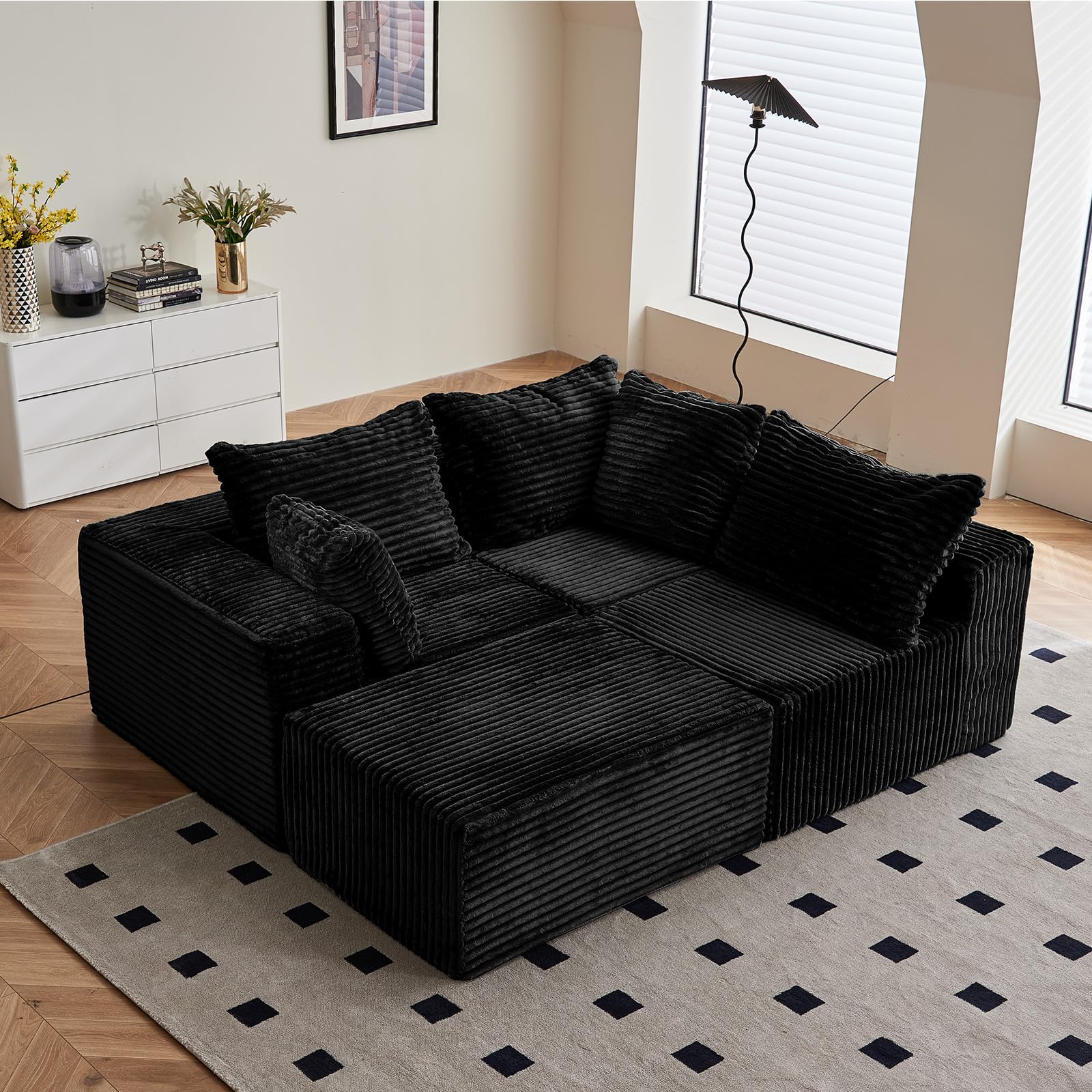 Vamcheer Modulares Ecksofa mit Schlaffunktion – L-Form Sofa als Wohnlandschaft, Big Sofa im Cloud Couch und Boneless Couch Design, Sofas & Couches fürs Wohnzimmer, Schwarz
