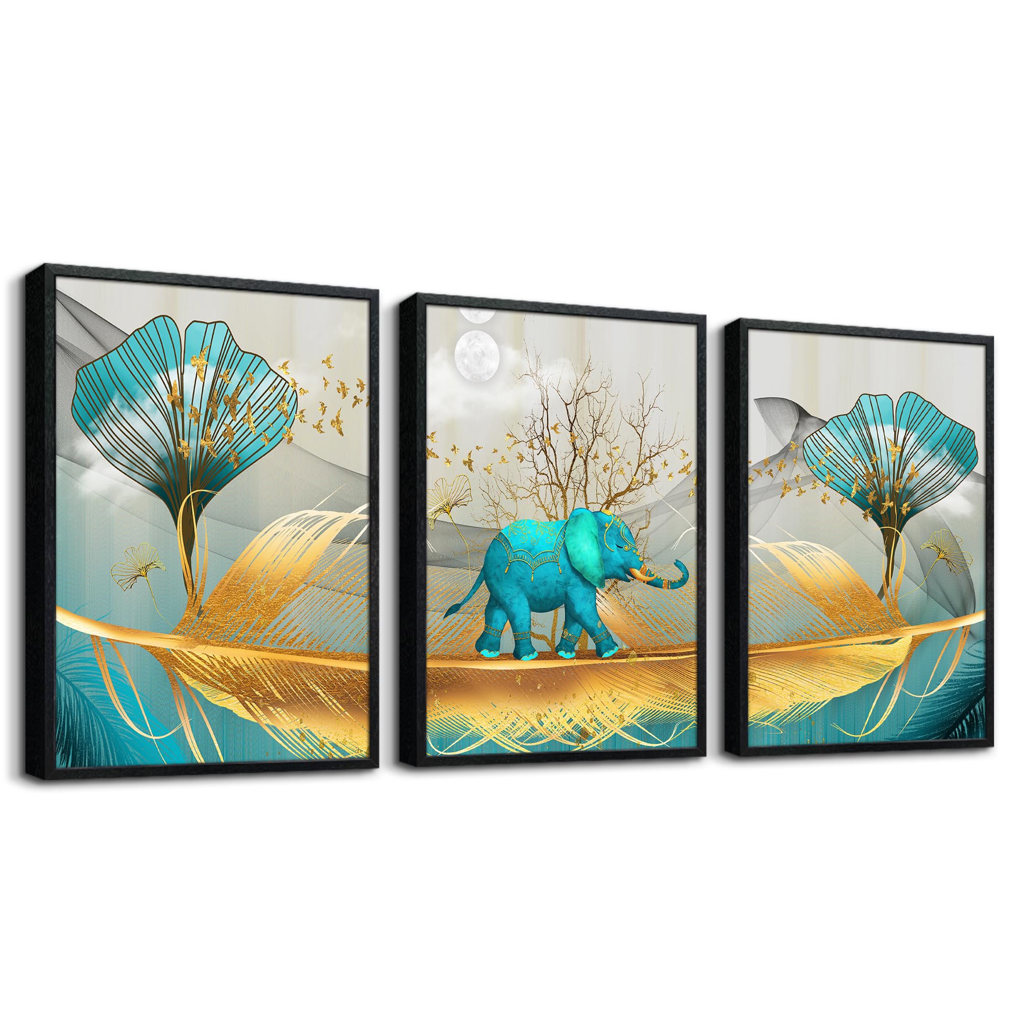 SERIMINO Large Black Framed Canvas Wall Art for Living Room Blud and Gold Elephant Picture Wall Decor for Dining Room Bedroom Bathroom Kitchen Print for Home Decorations 3 Piece Animal Paintings