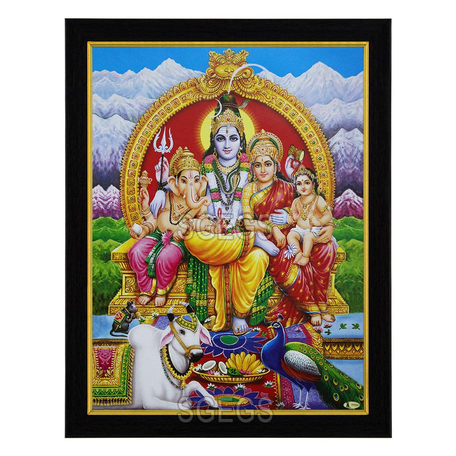SHREE GANESH ENTERPRISE GIFTING SOLUTIONS God Shiv Parivar HD Photo Frame Goddess Parvati Ganeshji Kartikeya Painting Pooja Wall Hanging (Wood, Poster with Frame, Multicolour, 25X1x31cm)