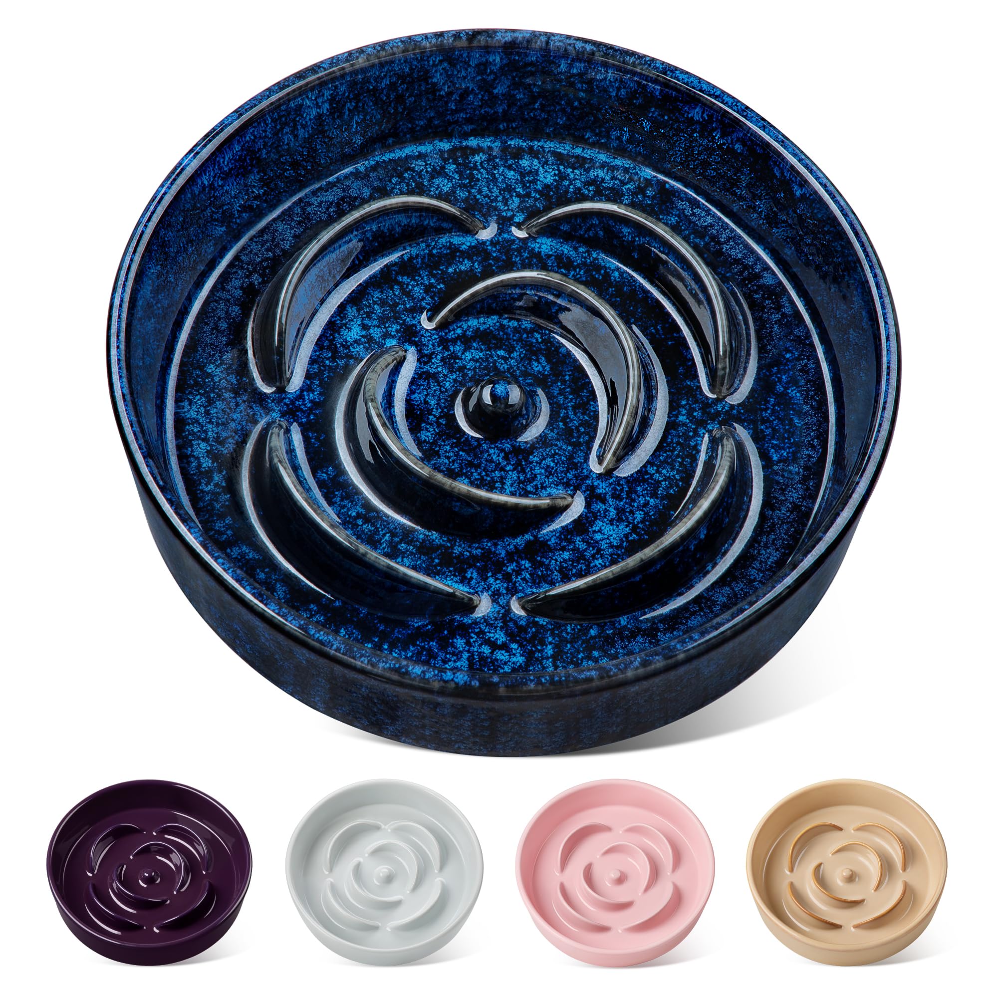 vancasso Flower Shaped Slow Feeder Dog Bowl 960ml Pet Bowl, Ceramic Puzzle Feeder for Small Dogs & Cats, Dishwasher & Microwave Safe, Ideal for Food and Water, Non-Slip & Tip-Proof; Blue; Medium