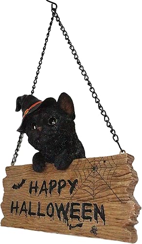Miniatura 3 de Ebros Adorable gatito negro realista con sombrero de bruja sosteniendo Happy Halloween tablón letrero rama pared colgante figura Halloween brujas