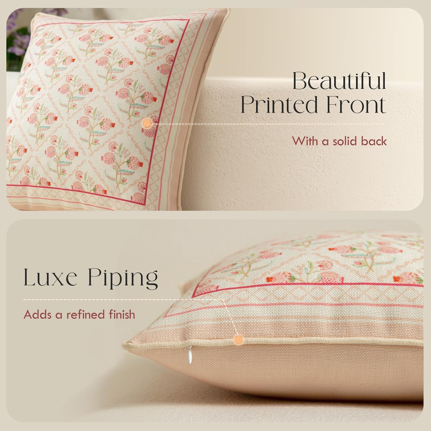 Spring Floral Block Print Pillow Cover, Euro Shams Decorative Pillow Covers 18x18 for Couch Sofa Bed Living Room, Pink Garden