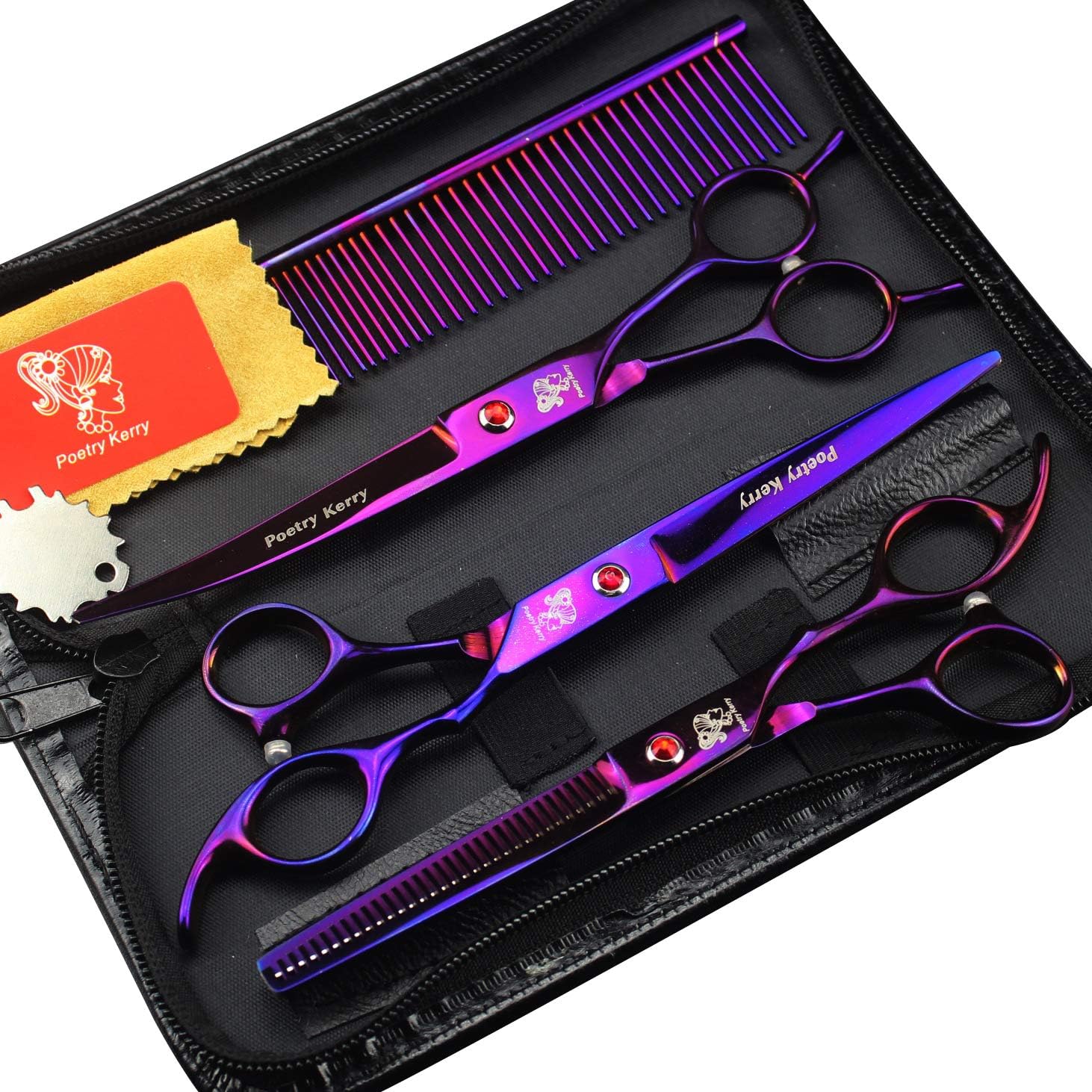 7 inch Pet Grooming Scissors kit Dog Grooming Set Professional Pet Trimmer Kit Purple Dog Cat Hair Care Cutting Scissors Thinning Shear, Curved Scissors, Grooming Comb