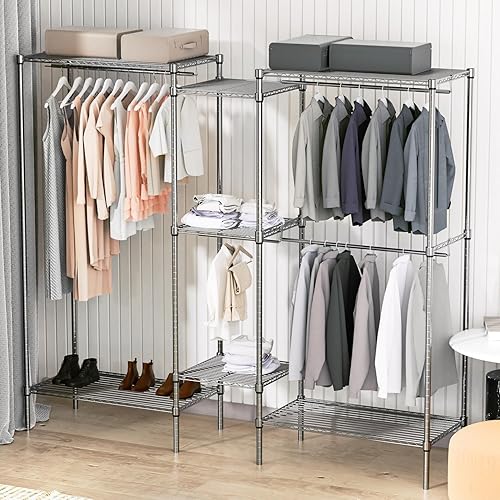 Miniatura 4 de Magshion Armario portátil independiente de 77 pulgadas, perchero ajustable con estantes, perchero de ropa resistente, color plateado