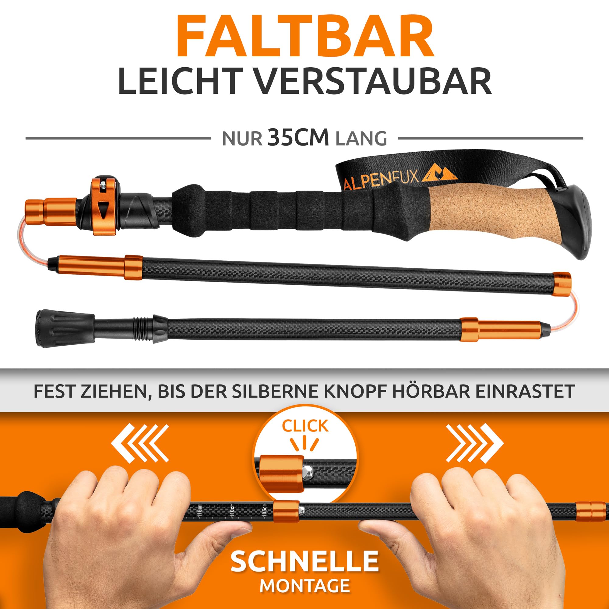 ALPENFUX® Bastoni da trekking pieghevoli, bastoncini da trekking, bastoncini da nordic walking, leggeri e regolabili con chiusura a morsetto e manico in sughero per uomo e donna