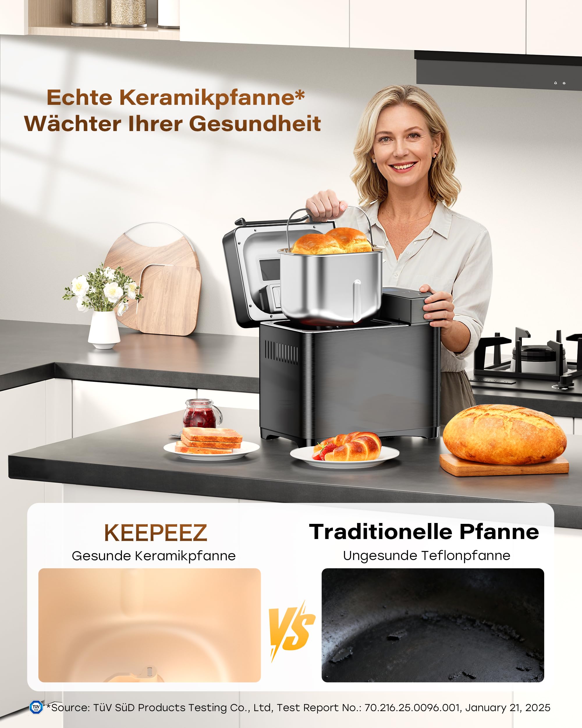 Panificatrice da 710 W, 1 kg, al quarzo, in acciaio inox, con padelle in ceramica, 17 in 1 con distributore automatico di scanalatura, 2 remi, 3 dimensioni di pane e 3 colori per la cottura