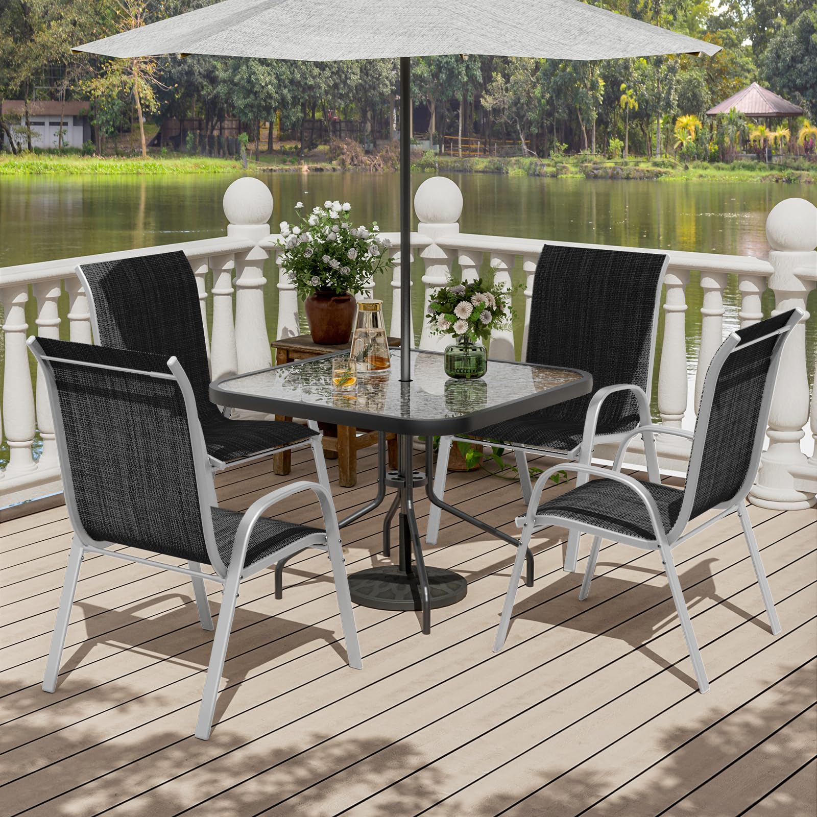 UDPATIO Patio Chairs Set of 6, Stackable Silver Outdoor Dining Chairs with High Back, Breathable Textilene Fabric Outdoor Chair All Weather, 350LBS Capacity for Garden, Backyard (Black)