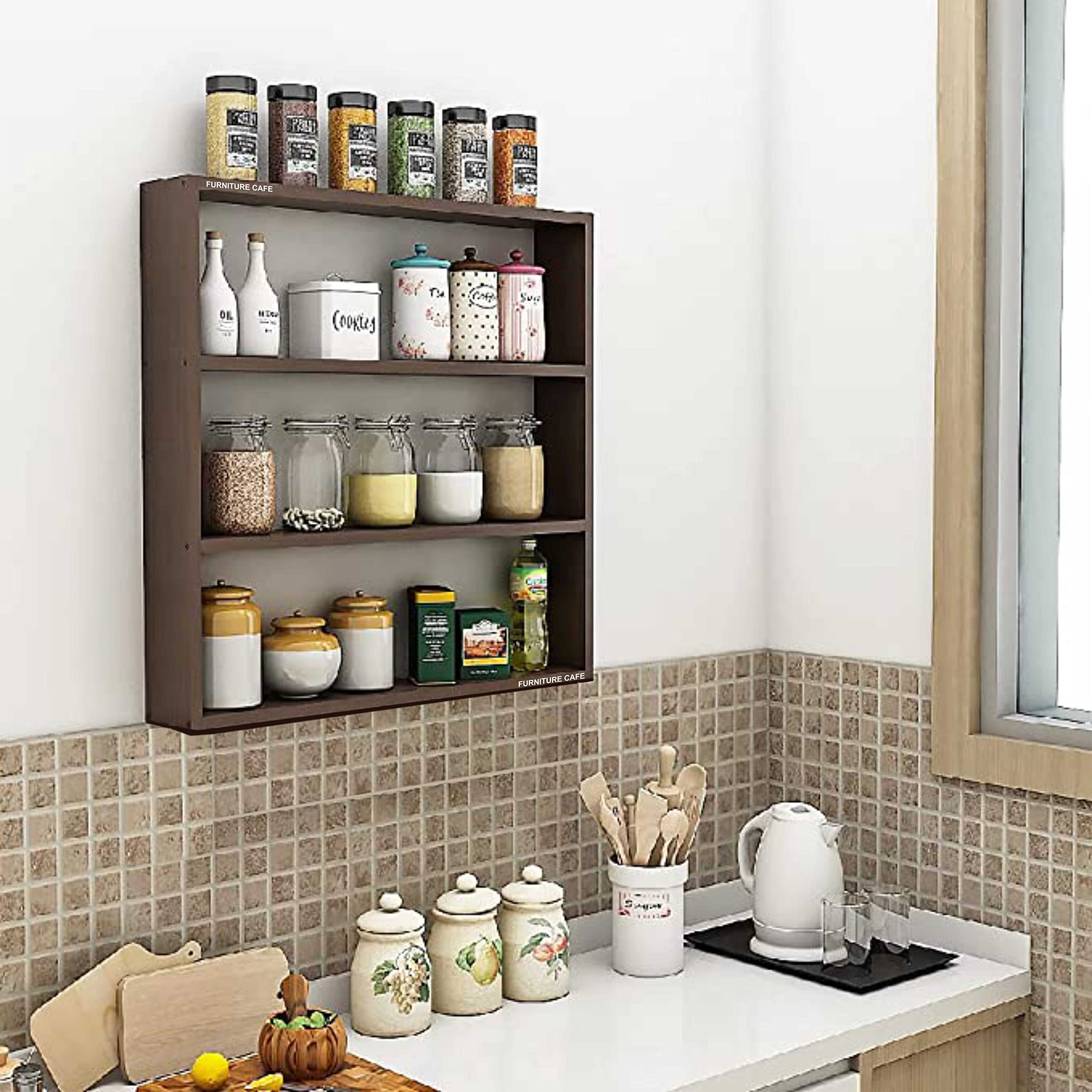 Furniture Cafe Engineered Wood Multipurpose Wall Shelf Floating Shelves Best for Kitchen Storage Boxes, Kitchen Organizer Items Mounted Rack (3 Tier Colour- Brown Matte Finish) Set of 1. (B089R77Y17) Amazon Price History, Amazon Price Tracker
