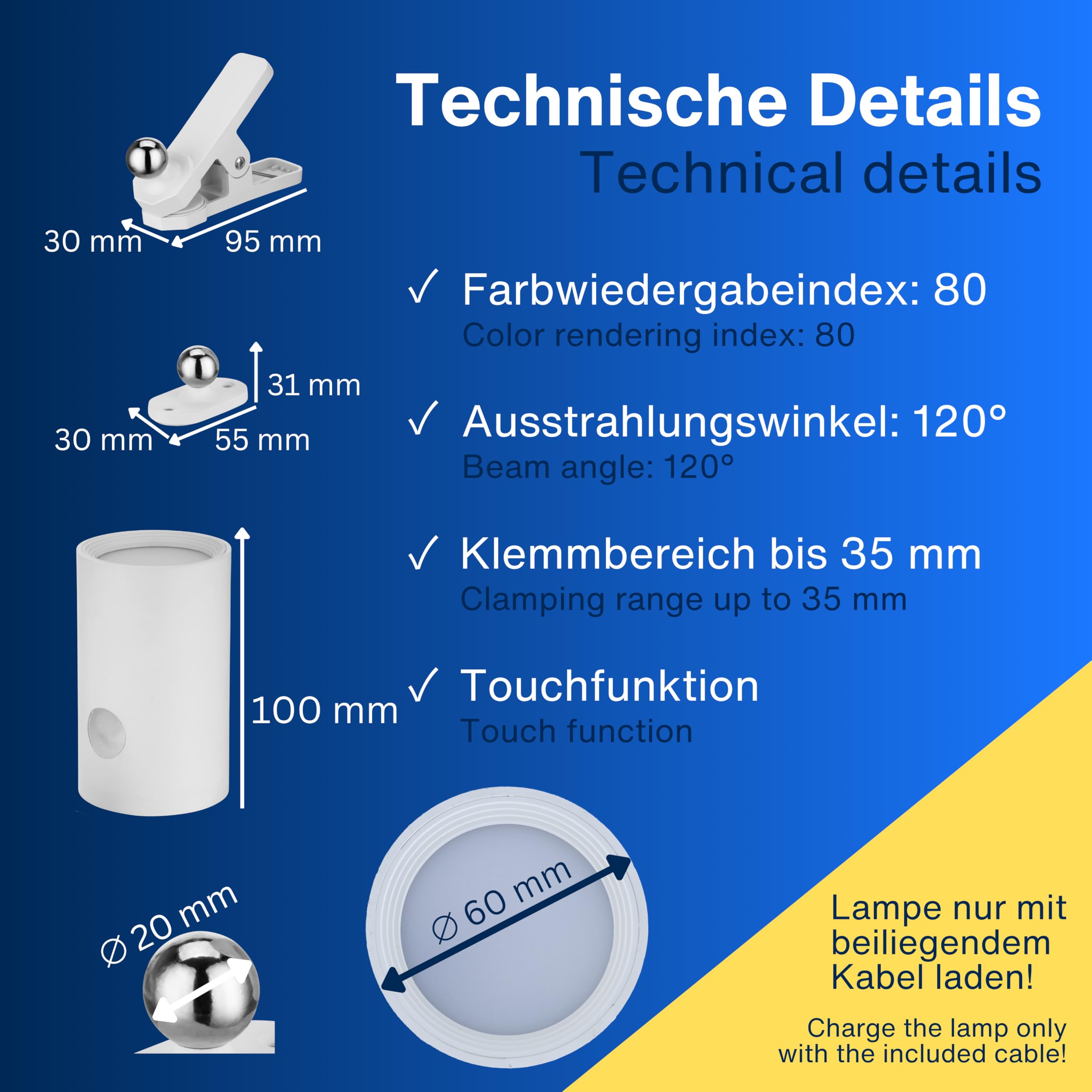 REV LED Wandleuchte innen - Wandlampe mit Akku, 120lm, dimmbar, 360° drehbar, kabellose Leselampe - ideal für Flur, Schlaf- & Wohnzimmer, weiß
