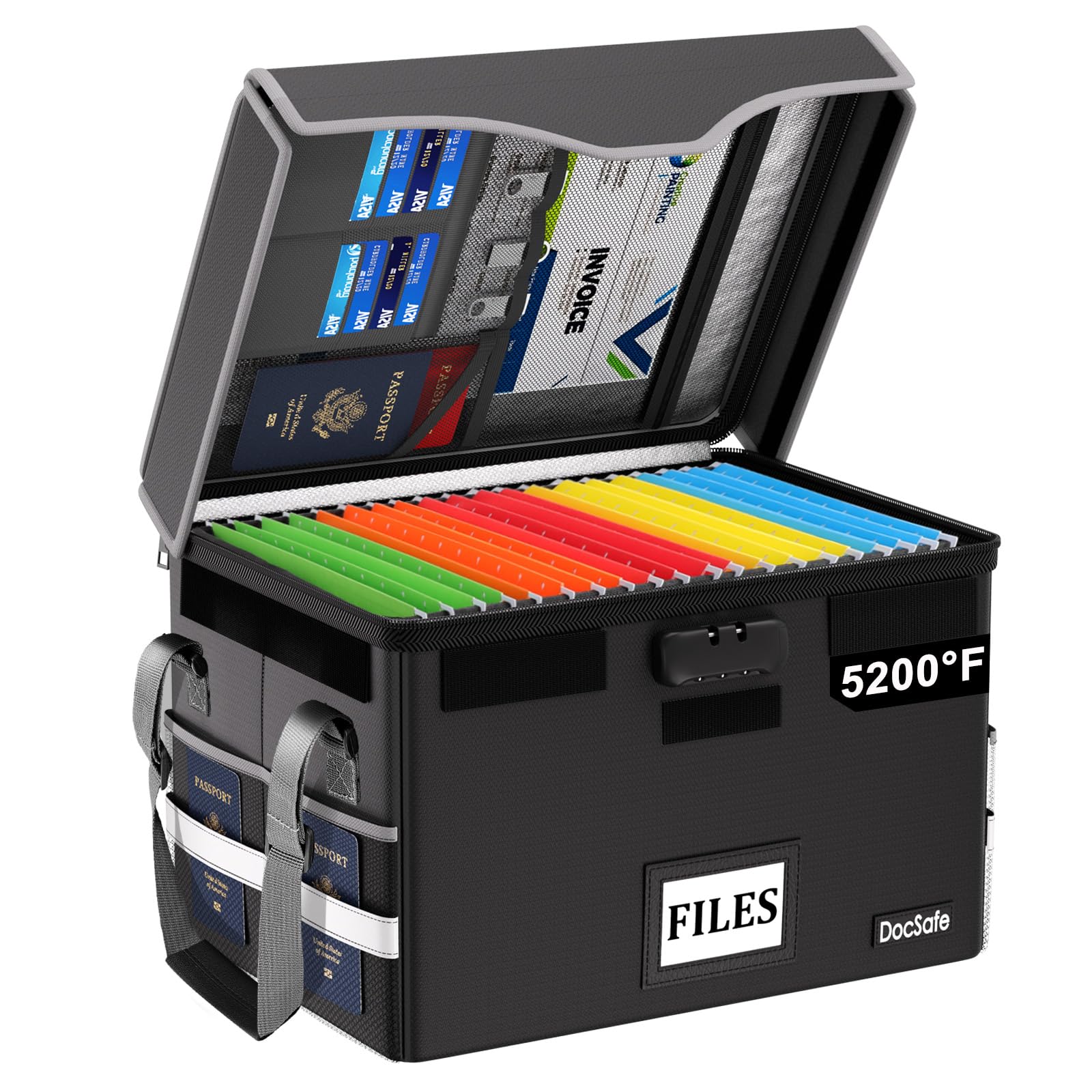 5200°F Fireproof Document Box with Lock,Heat Insulated File Organizer Storage with Pockets,Collapsible Portable Home Office File Safe Box with Handle for Hanging Letter/Legal Folders, Black