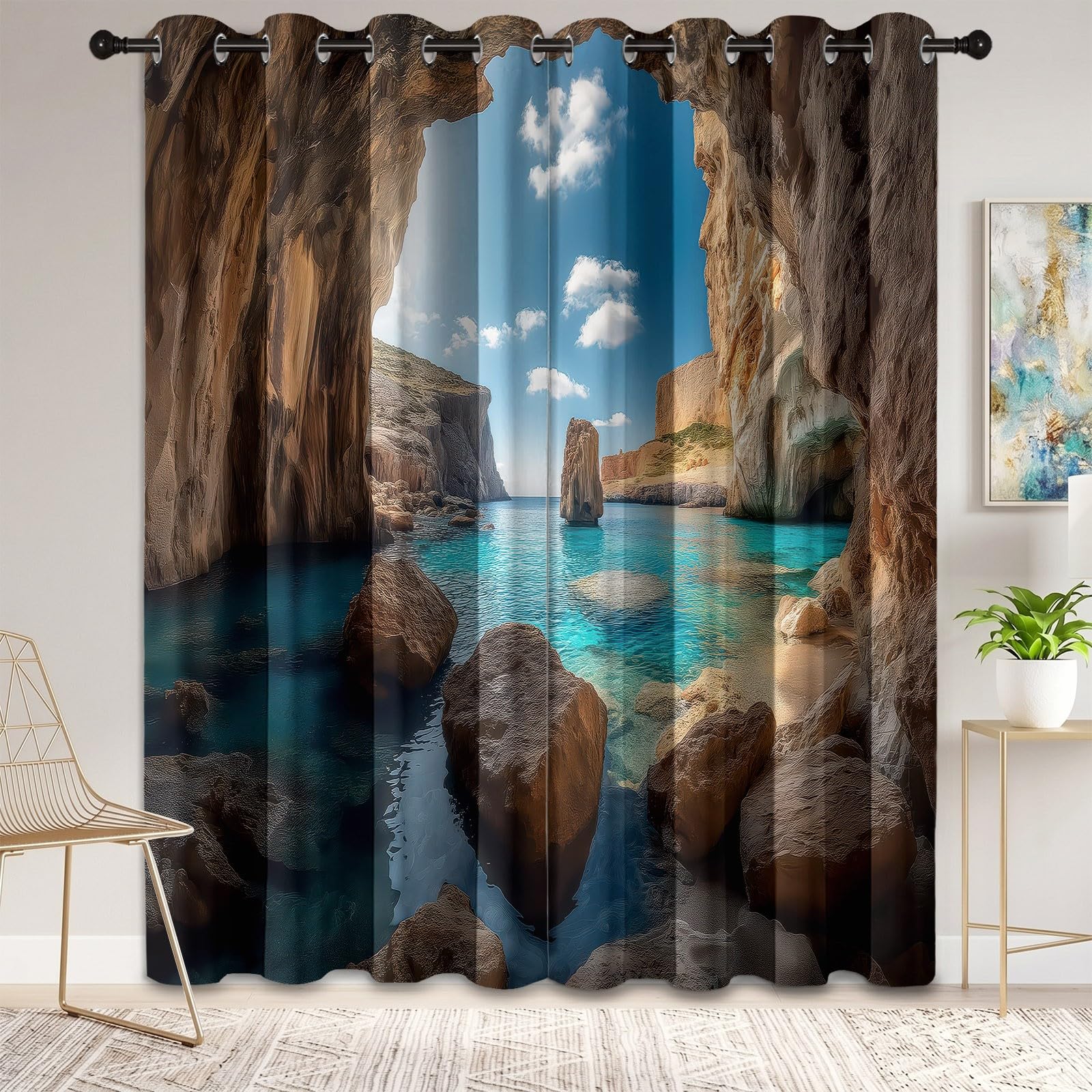 Générique Rideau Occultant Paysage Naturel à Oeillets, Rideaux Thermiques Isolants pour Salon, Grottes Rochers Vagues Nuages Imprimé 3D, Lot de 2 Panneaux 140 X 260 cm (LxH), Décoration de Chambre