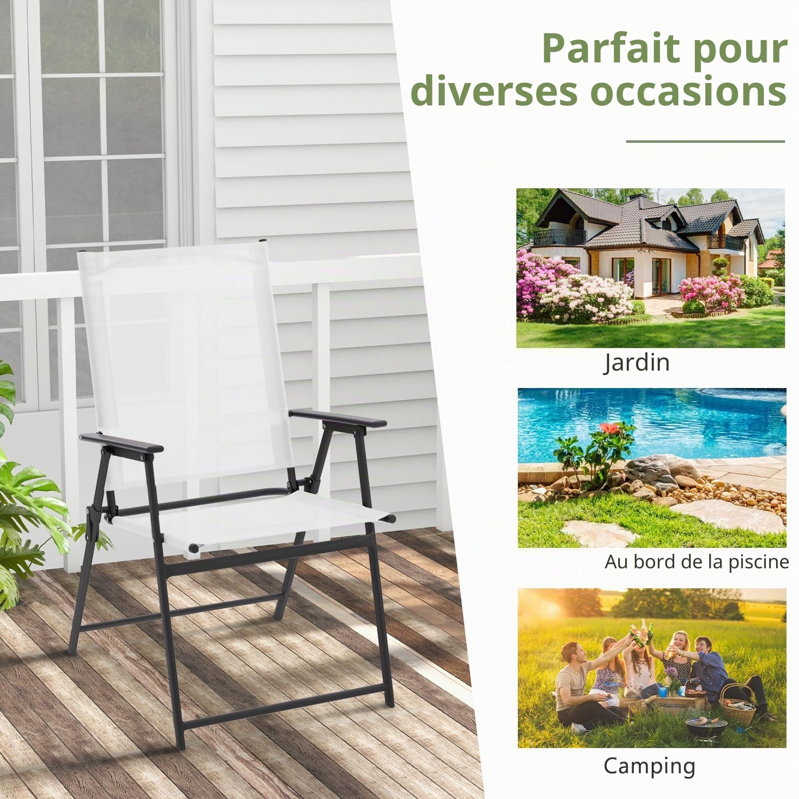 GIANTEX Lot de 4 chaises de Jardin Pliantes à Dossier Haut, pour Balcon, terrasse, avec Dossier et accoudoirs Hauts, en métal et Textile, Charge maximale : 150 kg, Blanches