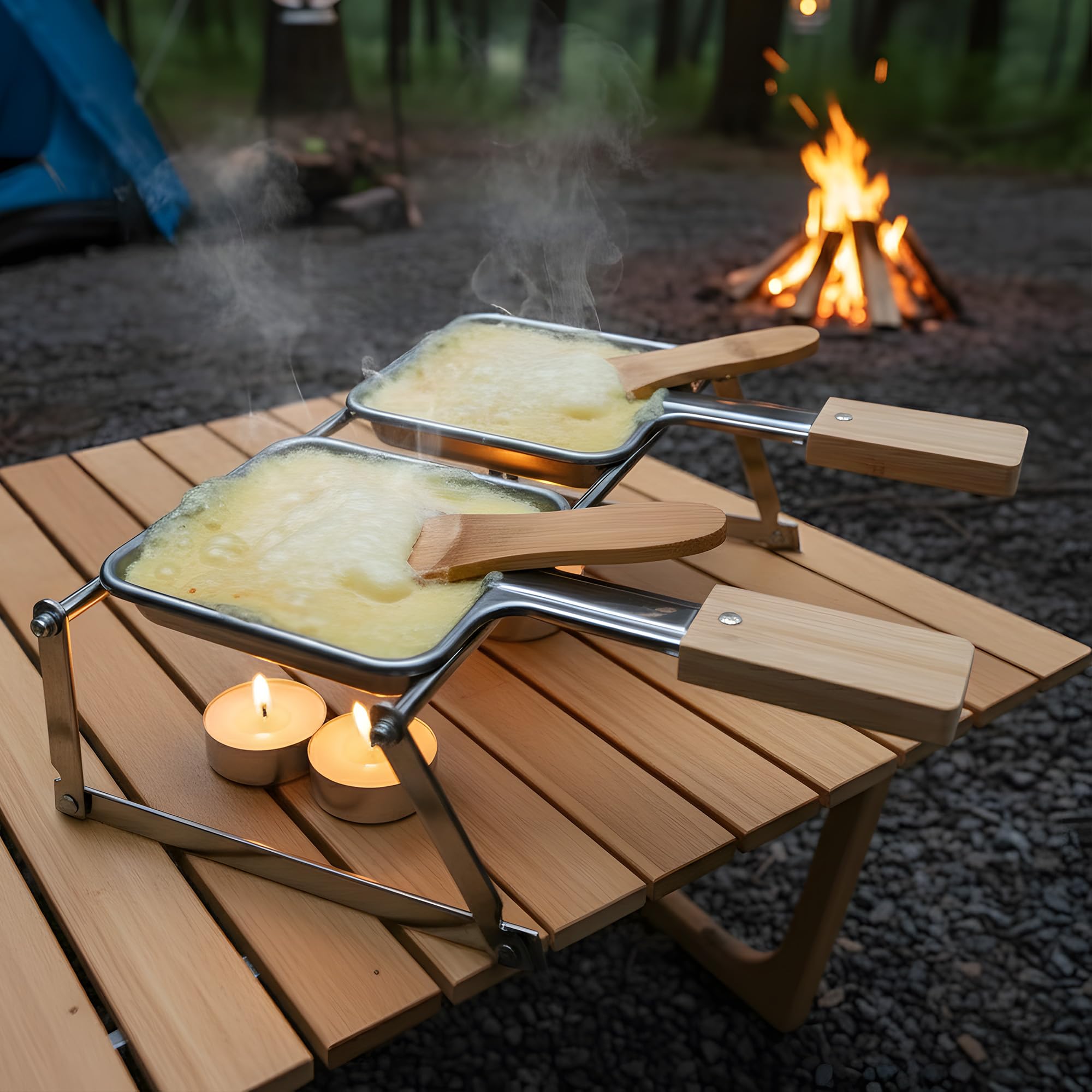 4er Set Edelstahl Raclette Pfännchen Quadratisch mit Extra Langem Griff und Bambusgriff, 4 Bambus Spatel, Ohne Beschichtung, Große Raclette Grillpfannen, Ersatz Zubehör