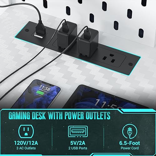 Miniatura 7 de Escritorio Gaming con Estante Superior y Luces LED, Escritorio de Computadora Gaming con Tomas de Corriente, Escritorio Gamer con Estantes de