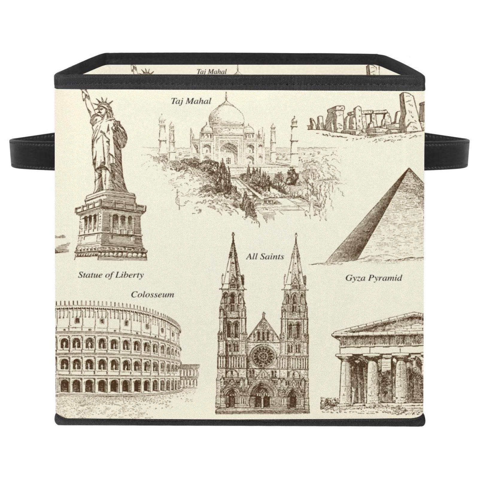 Boîte de rangement pliable vintage cube en tissu imprimé monuments