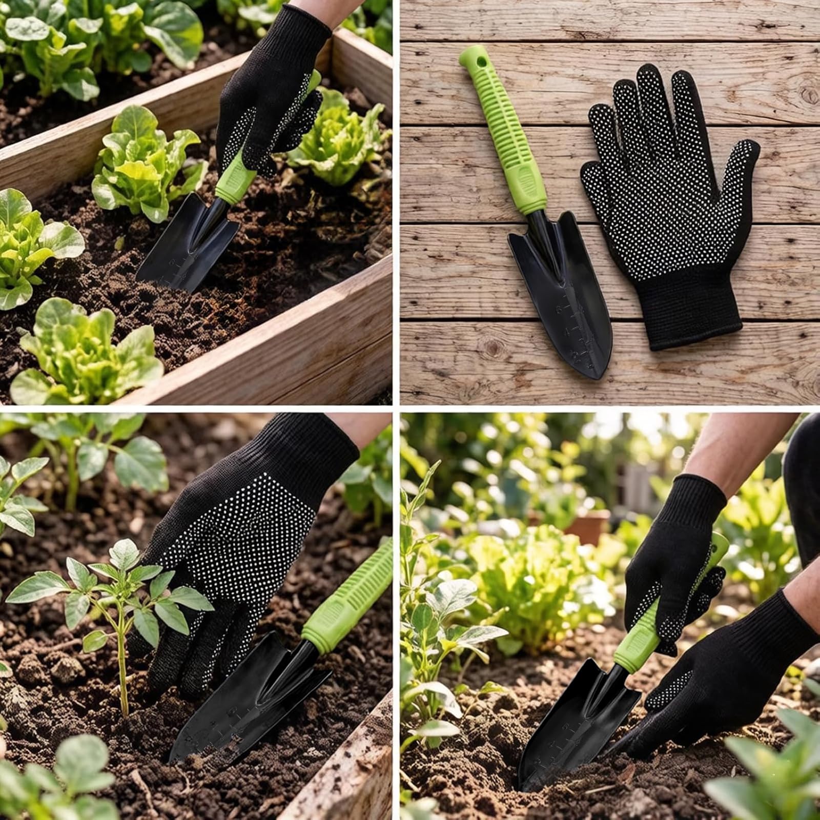 2 pala da giardino, pala da giardino con guanti neri, pala da giardino in metallo, piccola, portatile, per trapiantare piantine, diserbo e allentare (nero 1)