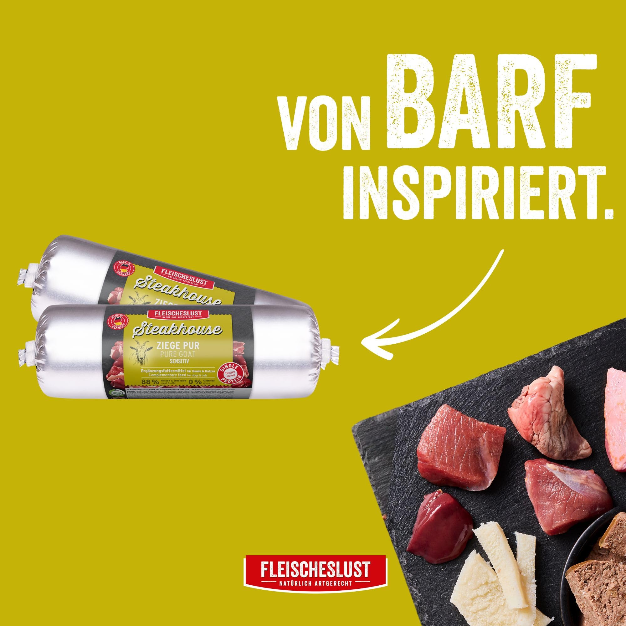 Steakhouse Ziege pur (12x500g), Nassfutter für Hunde & Katzen, sensitives Ergänzungsfutter, Monoprotein, getreidefrei, 14x Wurst von Fleischeslust