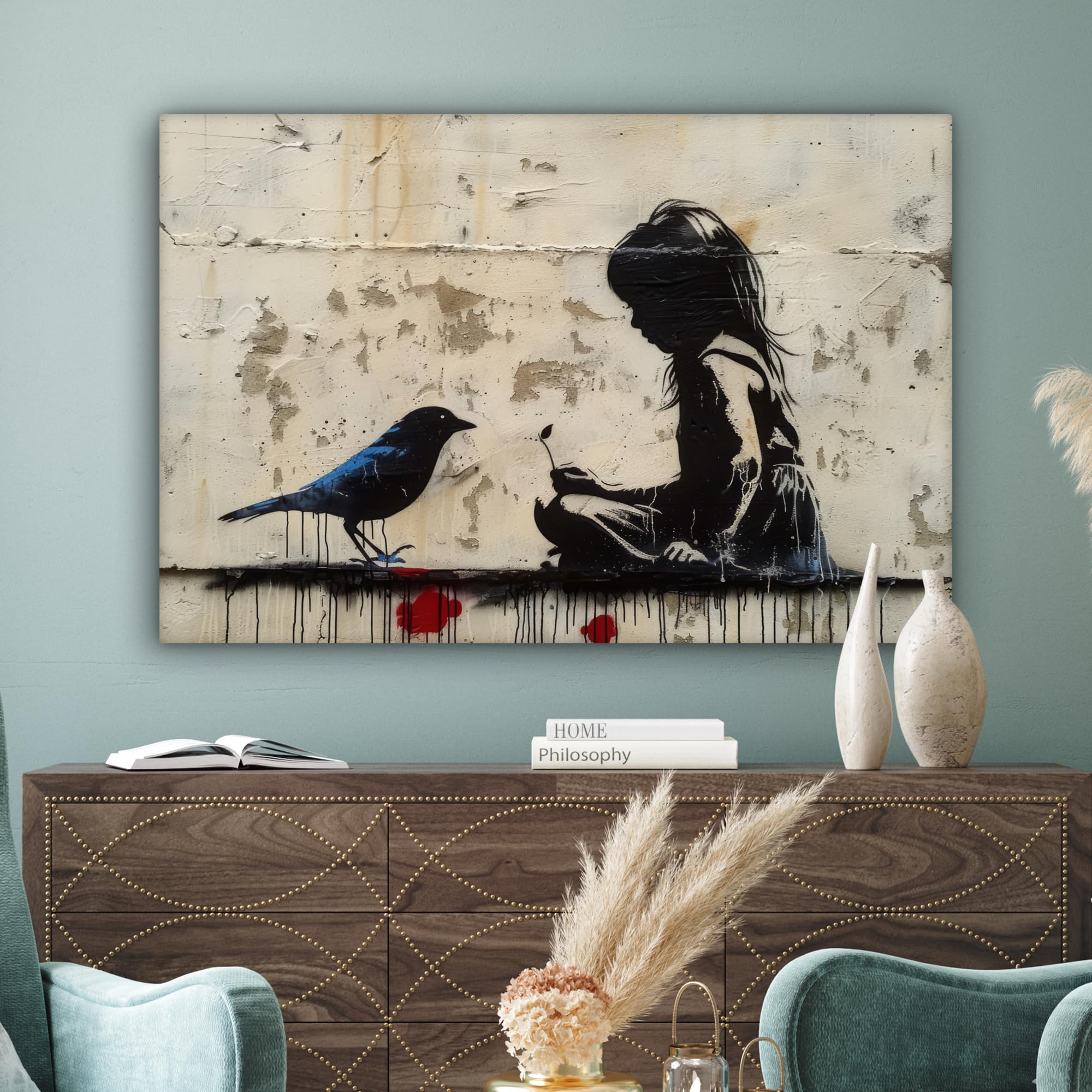 MuchoWow© Canvas Schilderij 90x60 cm Kamer Decoratie Woonkamer Slaapkamer Room Decor Wanddecoratie Wall Art Painting Kat - Graffiti - Dieren - Kleuren - Grijs