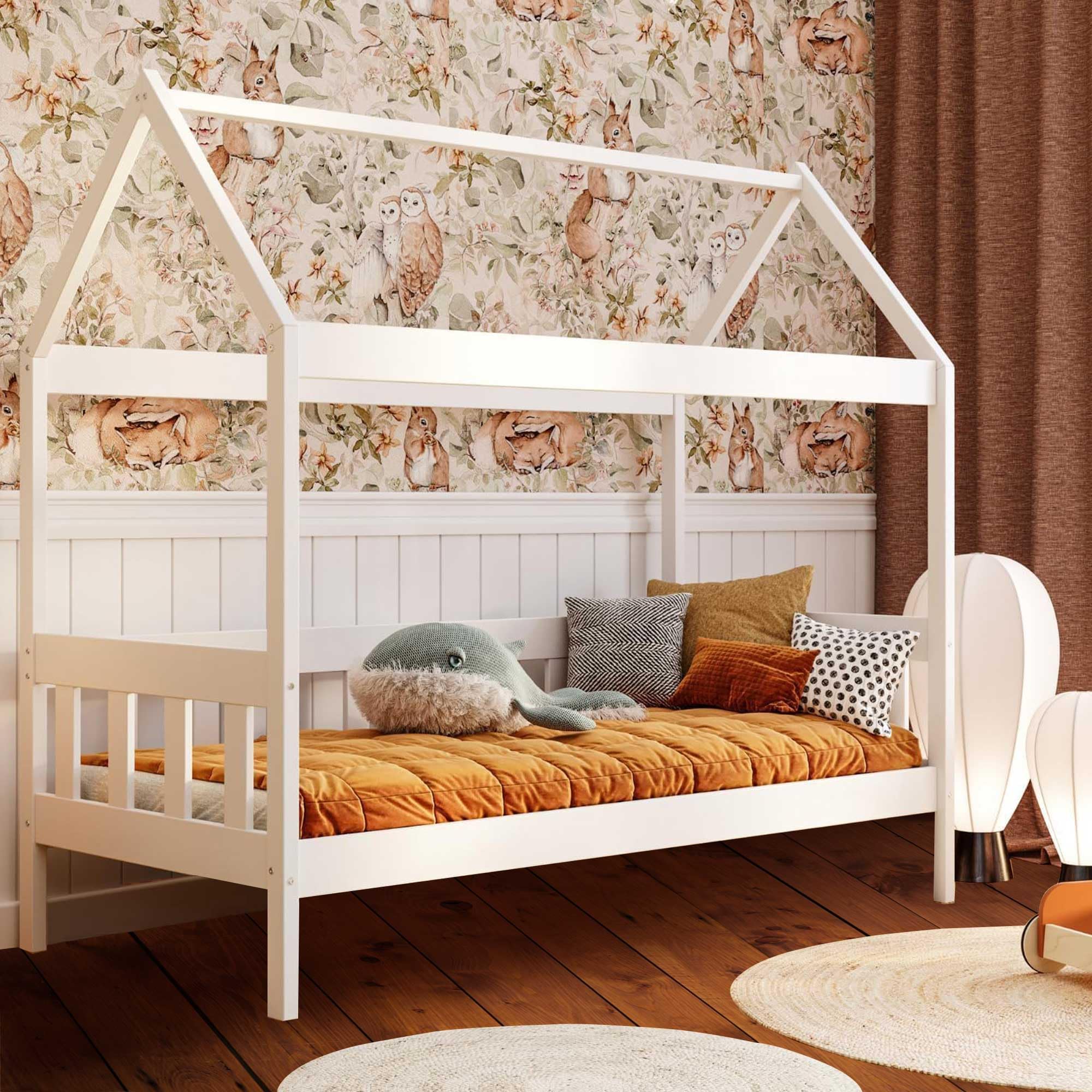 Lit enfant 190x90 YOUKO Montessori avec cadre et toit à lamelles blanc en bois de pin