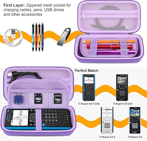 Vista 23 de Elonbo Funda de transporte para calculadora gráfica de color Texas Instruments TI-Nspire CX II CAS/CX II/CX/CX CAS, bolsillo con cremallera Negro