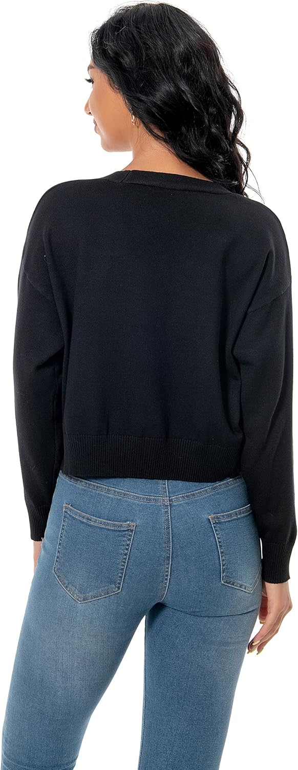 Women's V Neck Long Sleeve Cropped Cardigan Sweaters Solid Button Down Knit Bolero Shrugs - Image 4