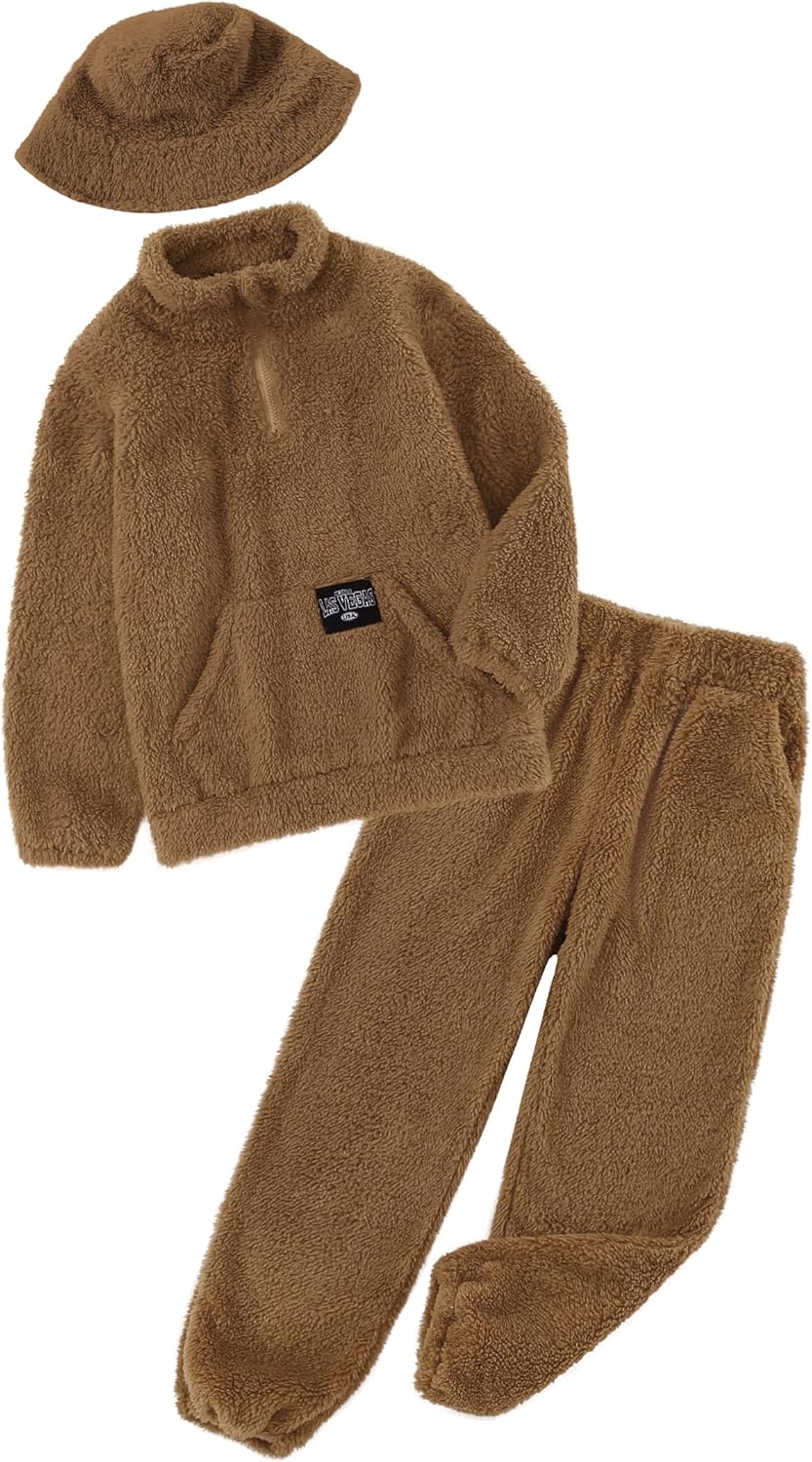 Girls Fuzzy Pants Set Quarter-zip Sweatshirt with Kangaroo pocket Sweatpants and Hat for 4-10 Years
