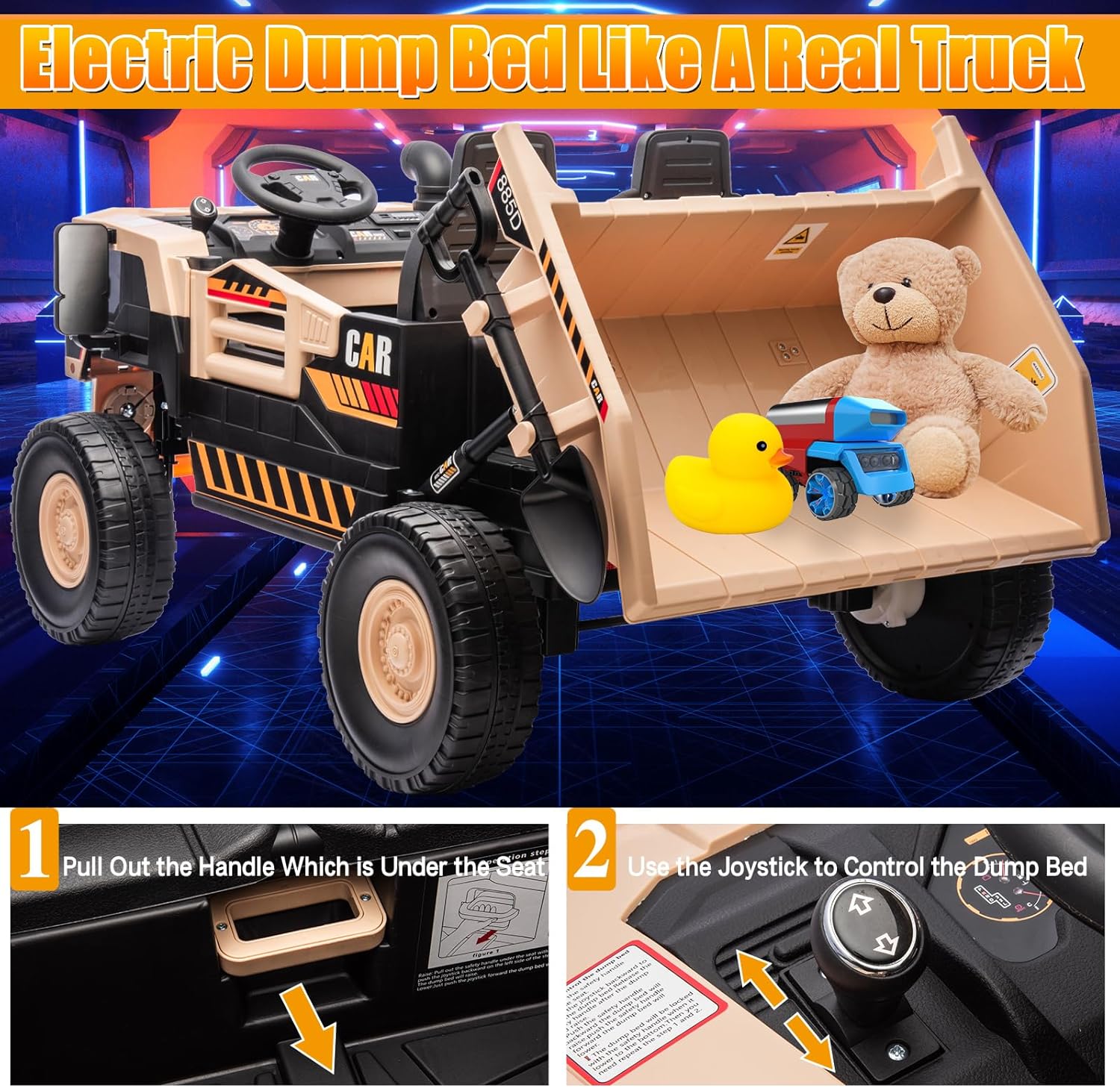 12V 10AH 2-Seater Kids Ride on Truck Electric Toy Car with Electric Dump Bed, Parents Remote Control Kids Car Tractor Toys Ride-on Dump Truck for Boys and Girls Ages 3+, Khaki