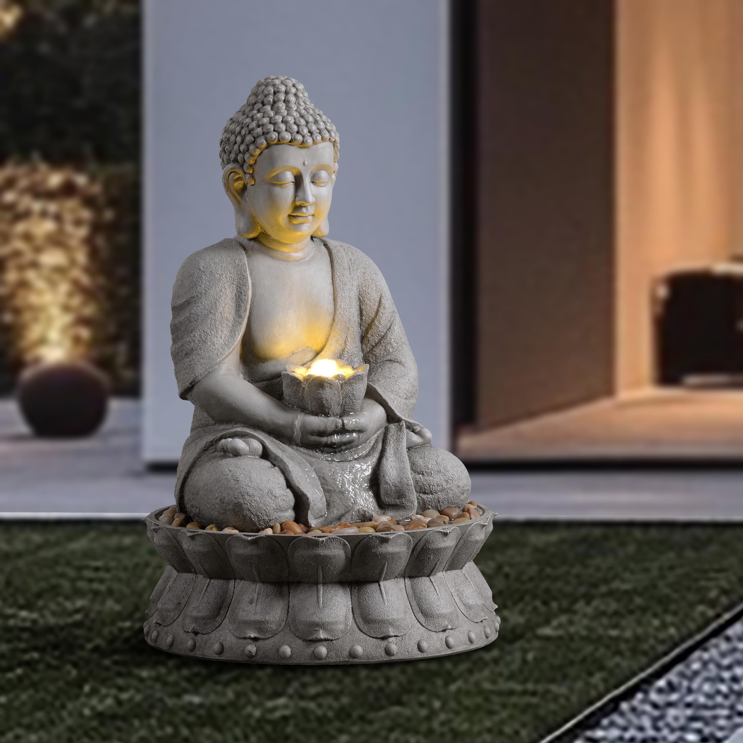 Fontaine à eau de Bouddha d'extérieur Zen avec lumière LED pour jardin, décoration d'intérieur, statue de Bouddha relaxante avec base lotus, pour femme