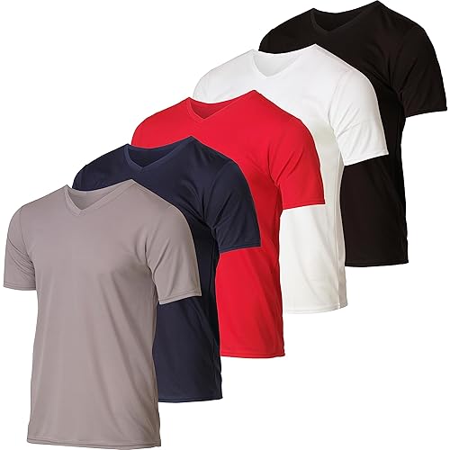 Real Essentials 5 Pack: Men's Mesh Quick Dry Short Sleeve V-Neck T-Shirt - Athletic Performance (Available in Big & Tall)