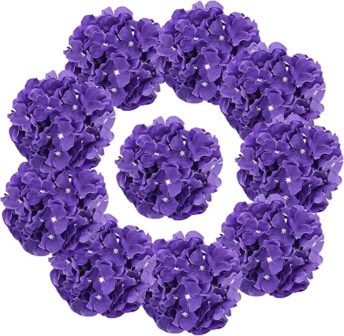 10 flores artificiales de hortensias de color morado oscuro, cabeza de hortensias artificiales de seda con tallo de hortensia para novia, boda, baby