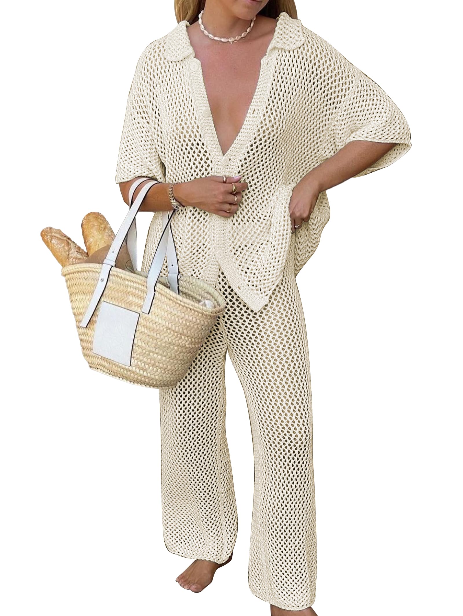Women Sexy Hollow Out Crochet Mesh Beach Set Button Down Shirt and Wide Leg Pants Matching Sets-image-43