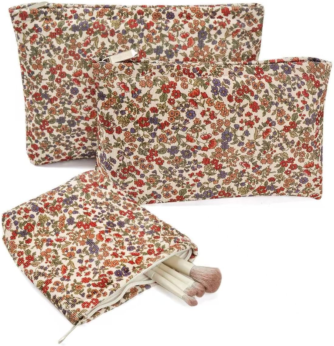 3Pcs Floral Makeup Bags, Cosmetic Bags for Women, Large Capacity Corduroy Makeup bag Set and Portable Mini Makeup Bag,Aesthetic Women Handbags Purses, Travel Essentials Aesthetic Stuff (Floral 01)