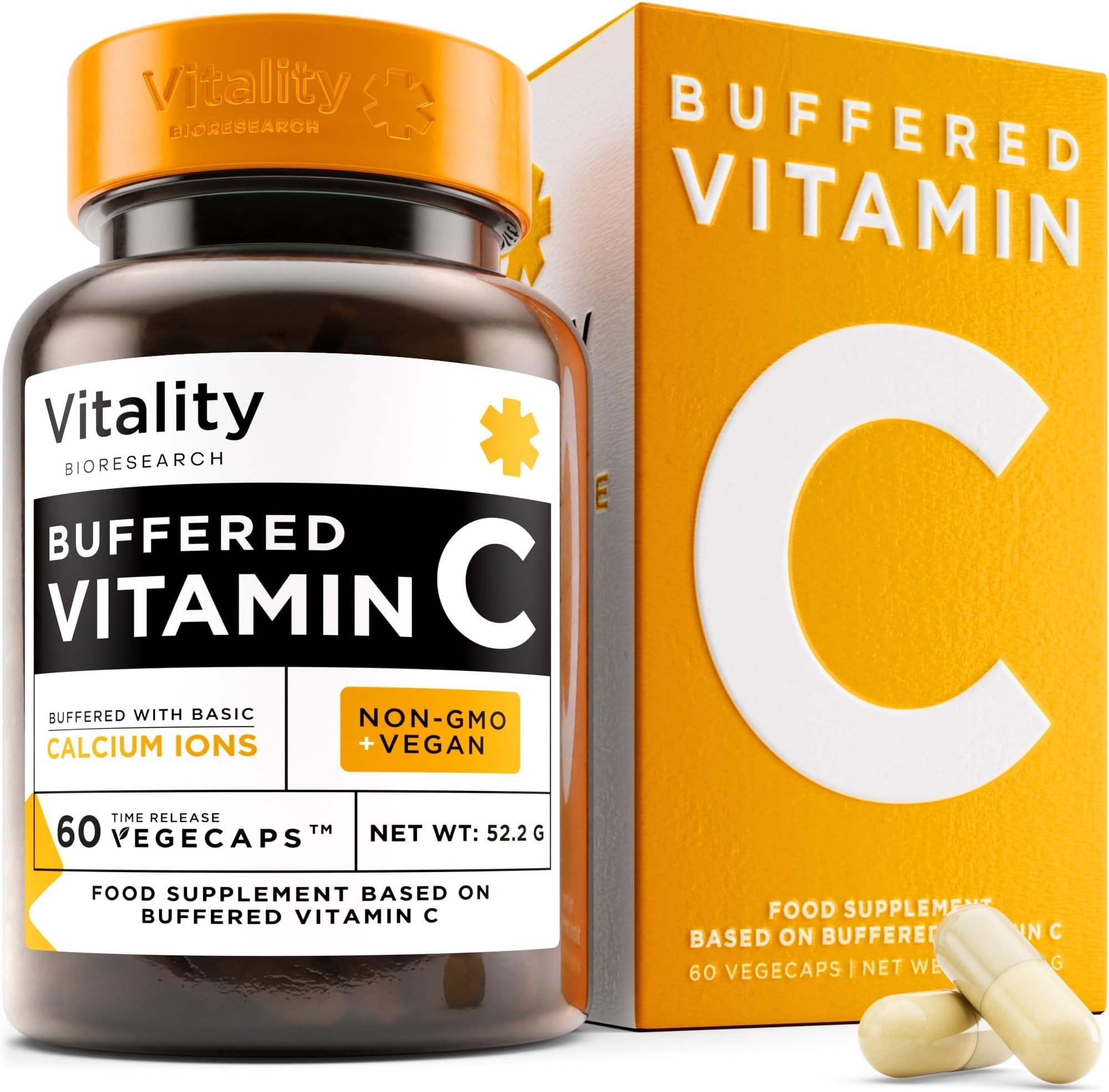 Buffered Vitamin C 1000mg - High Strength Vitamin C Supplement for Immune System, Sensitive Stomach, Calcium L-Ascorbate - Vegan - 60 Vitamin C Slow Release Capsules