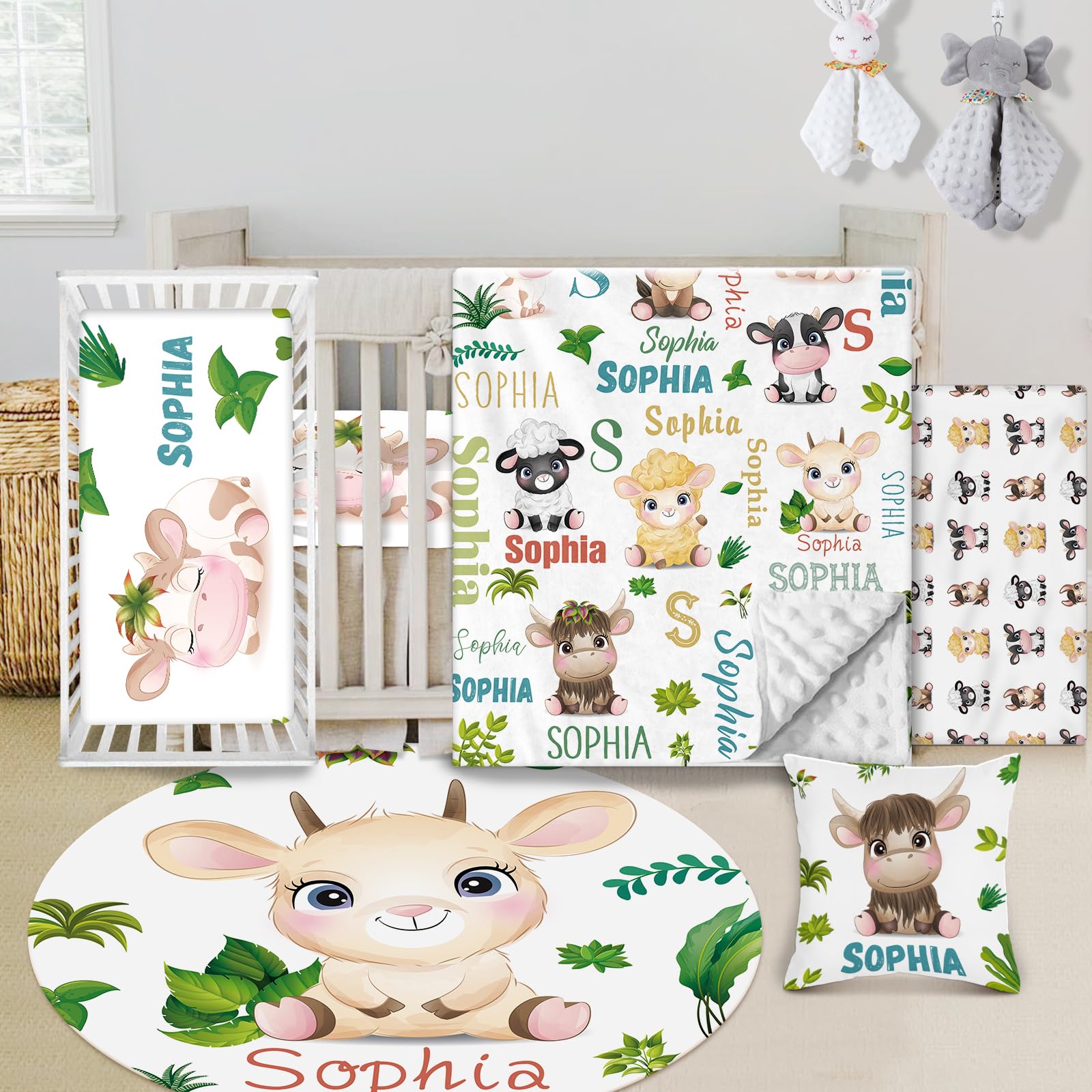 Individuelles Baby-Bettwäsche-Set – 5-teiliges Kinderzimmer-Bettwäsche-Set mit Waldtier-Design, personalisierte Namensdecke mit gepunkteter Rückseite, Kinderbettlaken, Wickelunterlage, Kissenbezug,