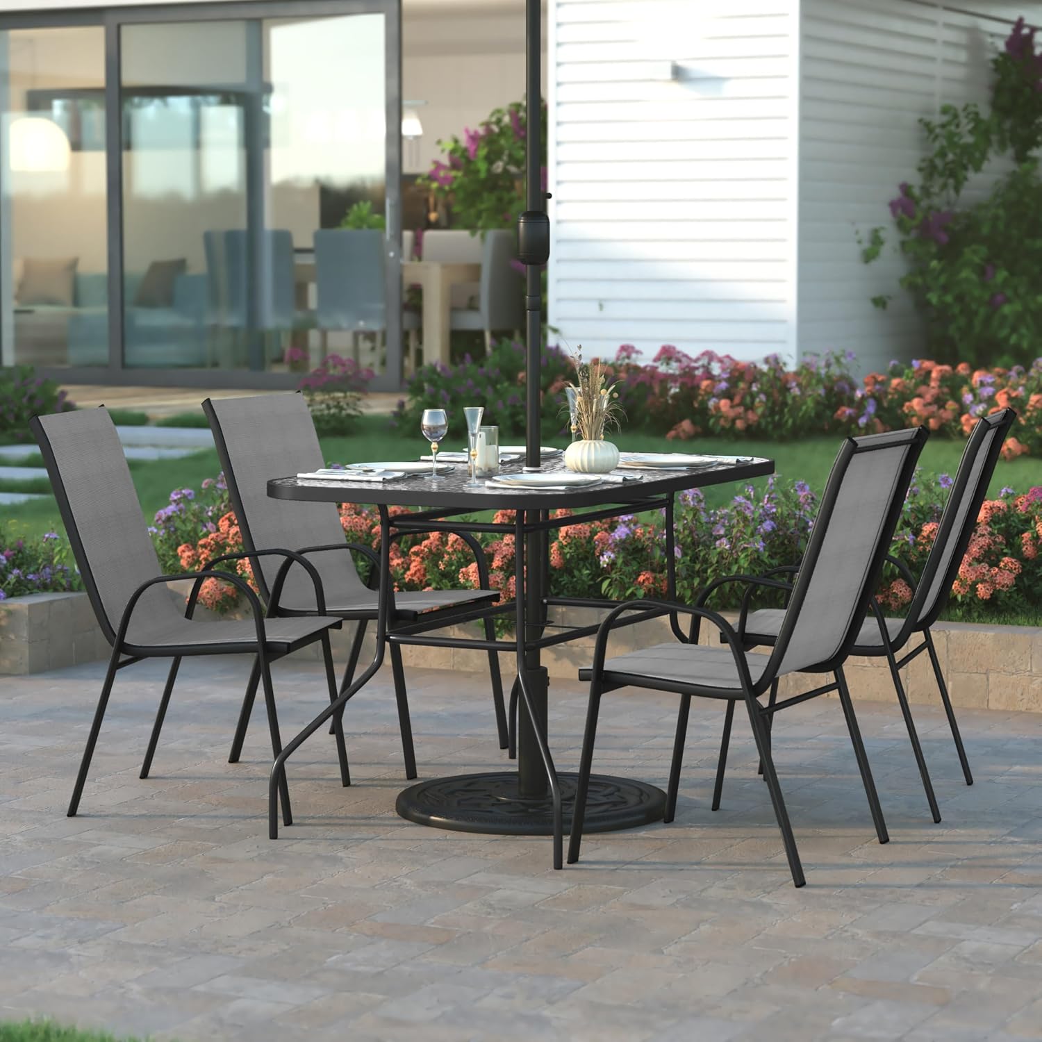 EMMA + OLIVER Bartlett 5-Piece Outdoor Dining Set, Patio Table with Tempered Glass Top and Umbrella Hole, 4 Flex Comfort Textilene Stack Chairs, 47", Gray/Black