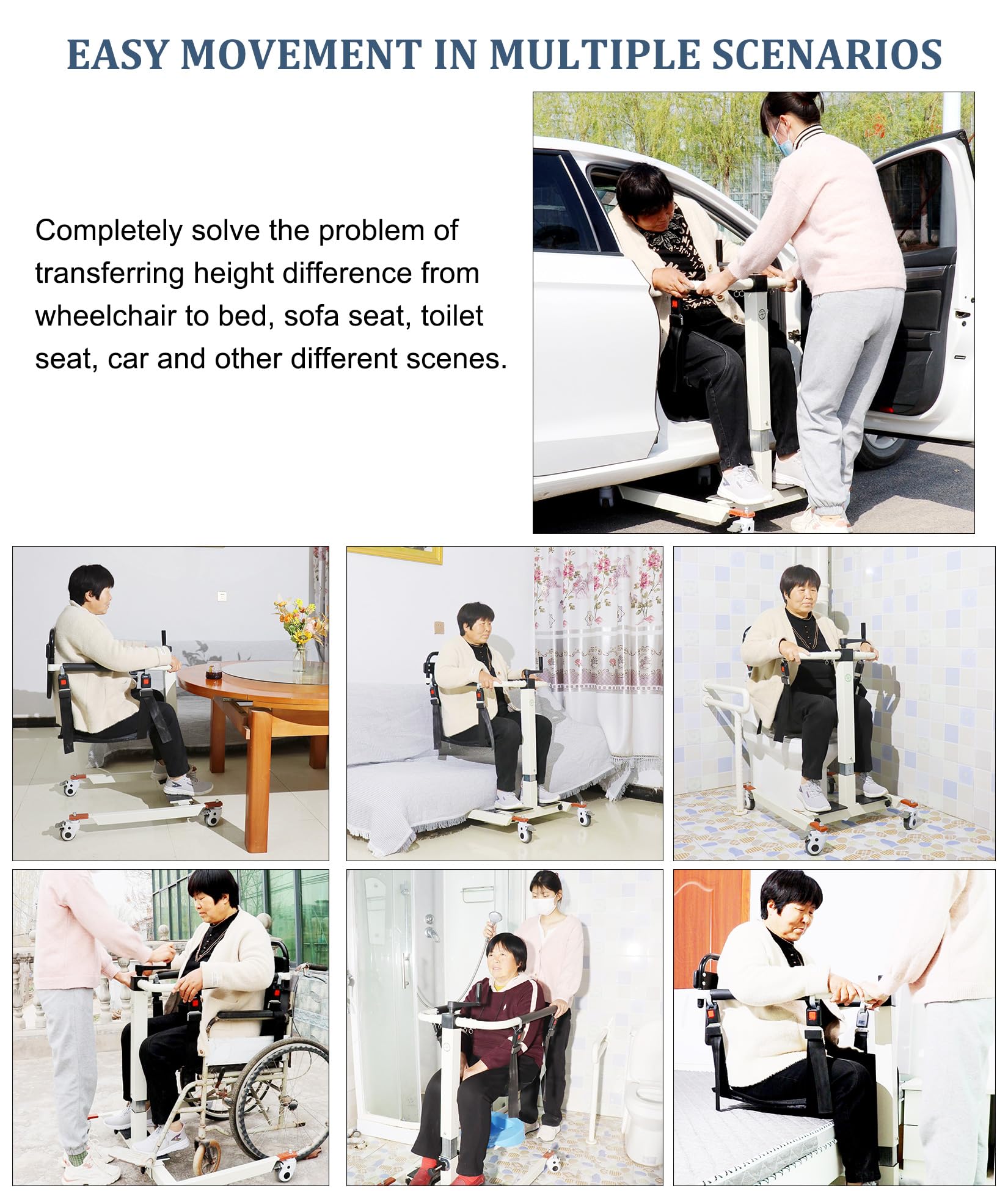 Silla de Transferencia con Elevador de Pacientes, Altura/Ancho Ajustable, Dispositivos de Transferencia de Silla de Ruedas a Coche, Silla de Transferencia de Cama al WC